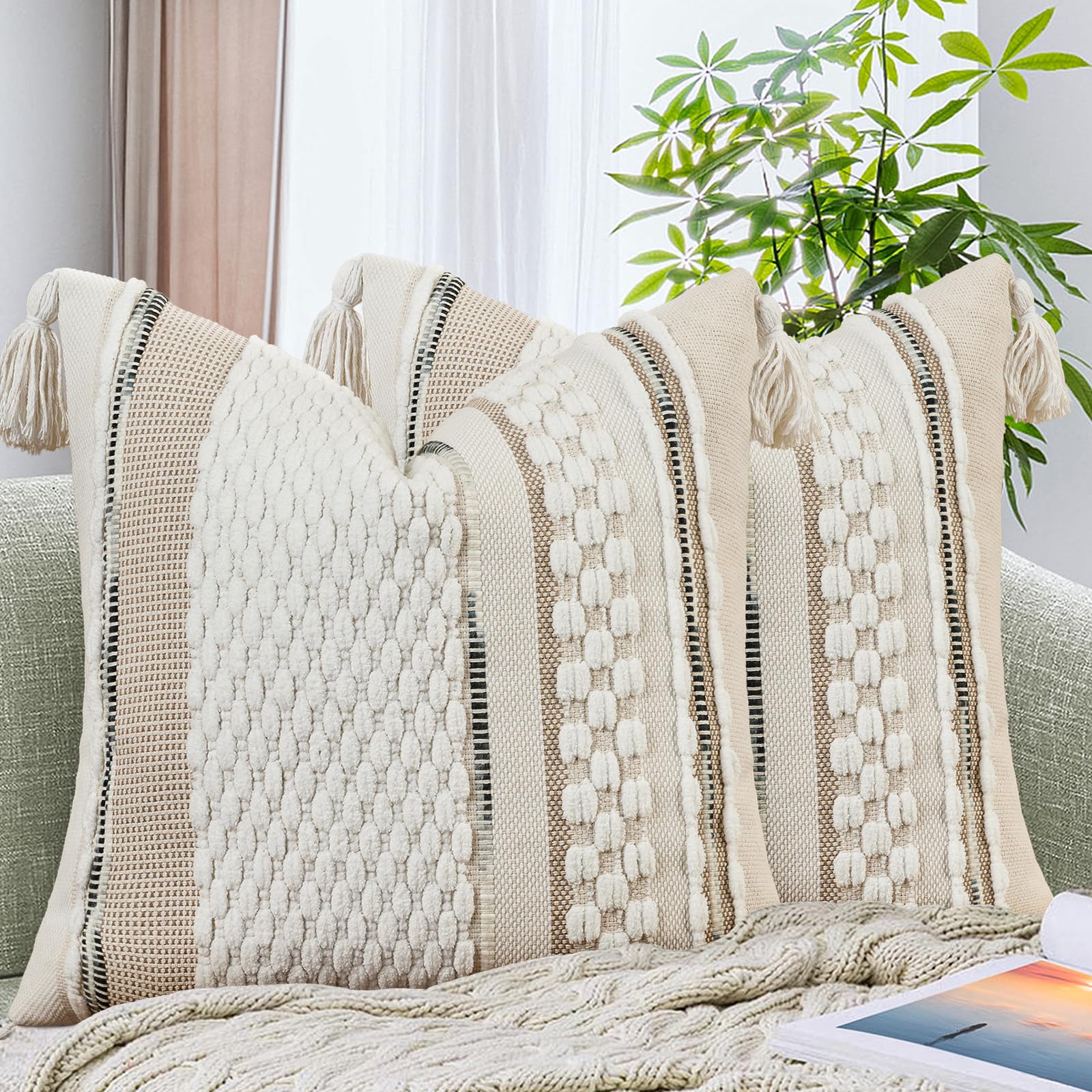 AmHoo Set of 2 Chenille Striped Tufted Textured Boho Throw Pillow Covers Aesthetic with Tassels Woven Decorative Pillow Case for Couch Bed Sofa Bedroom Modern Funky 18 x 18-Inch Brown White