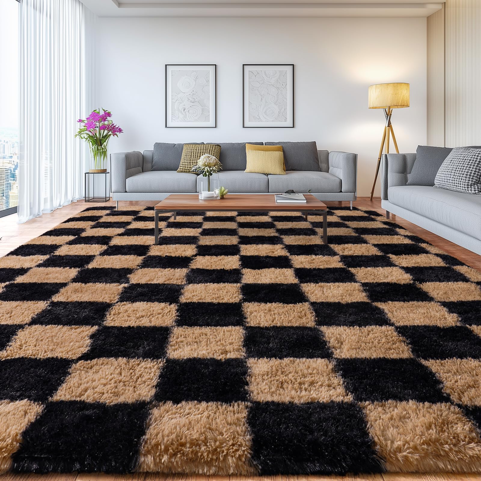 Shaggy Area Rugs, Fuzzy Rugs for Living Room, Soft Nursery Area Rug for Girls, Tie Dye Black Gray Plush Area Rugs Non Slip, Fluffy Rug Carpet 8x10ft