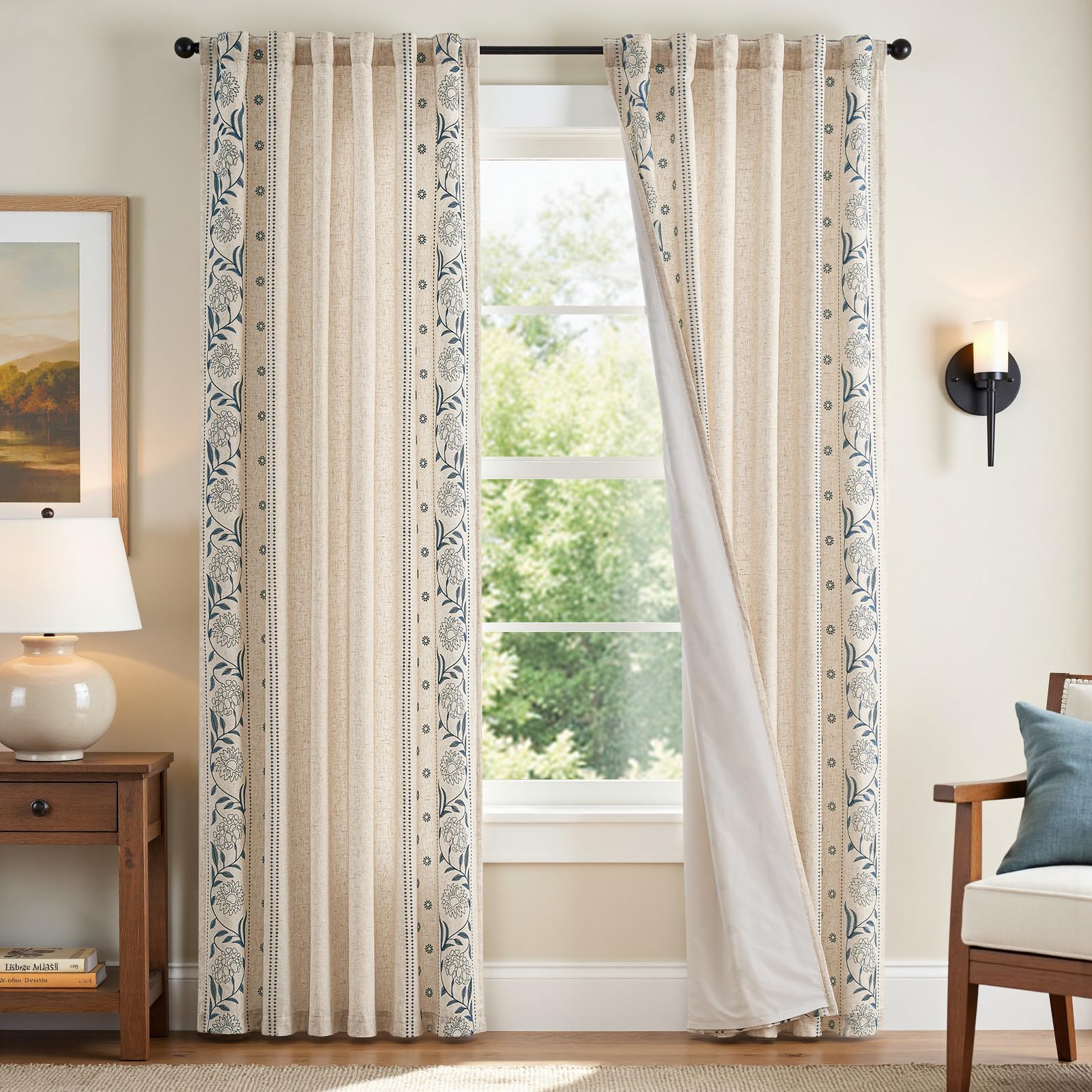 jinchan Winslow Linen Curtains for Bedroom 84 Inches Length Ivory on Taupe Embroidered Bordered Floral Curtains for Living Room Farmhouse Decor Light Filtering Window Treatments 2 Panels