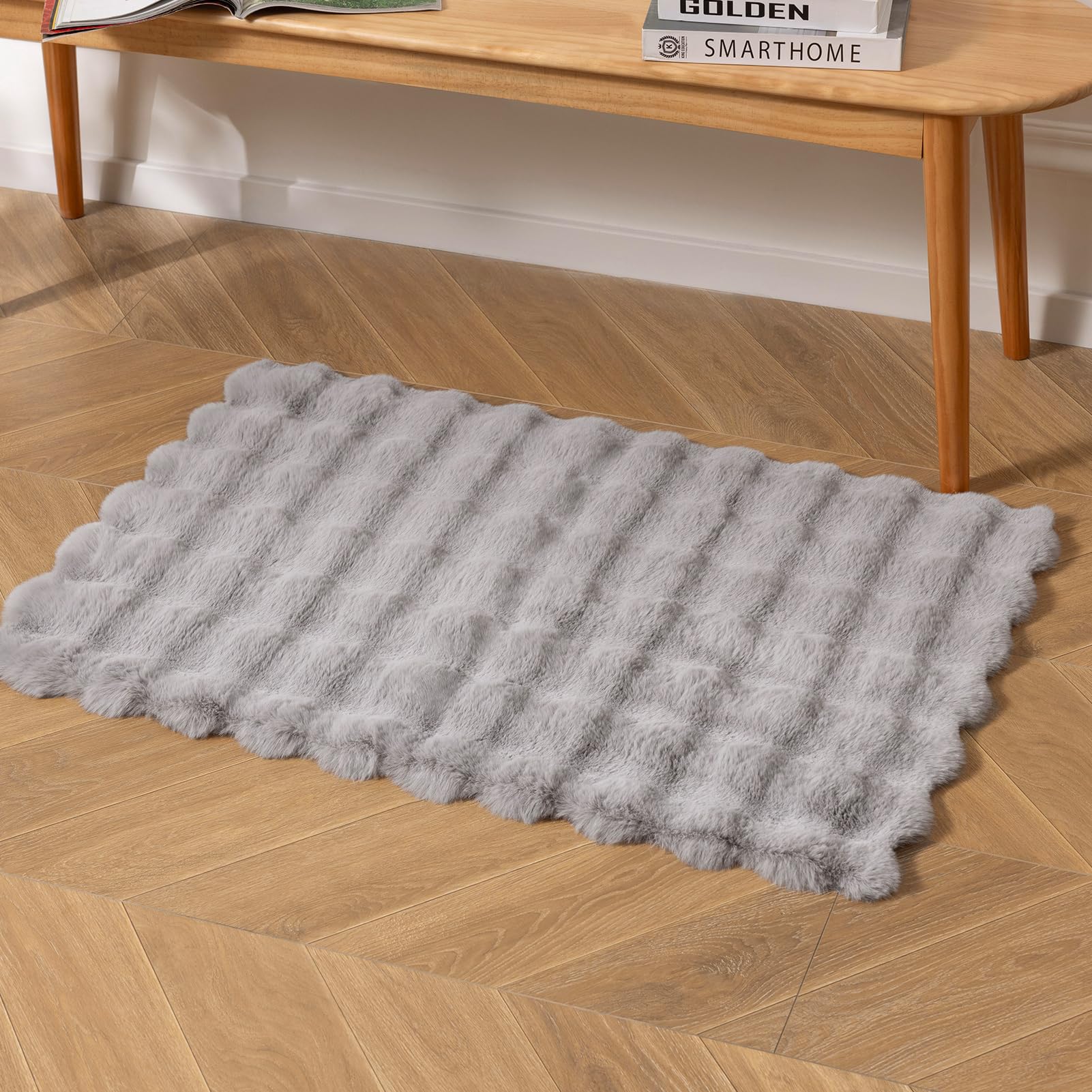 Ashler Faux Rabbit Fur Rug, Light Grey 3x5 FT Fluffy Soft Area Rugs, Rectangle Fuzzy Carpet for Living Room, Bedroom, Machine Washable Rug - 3D Bubble Mat