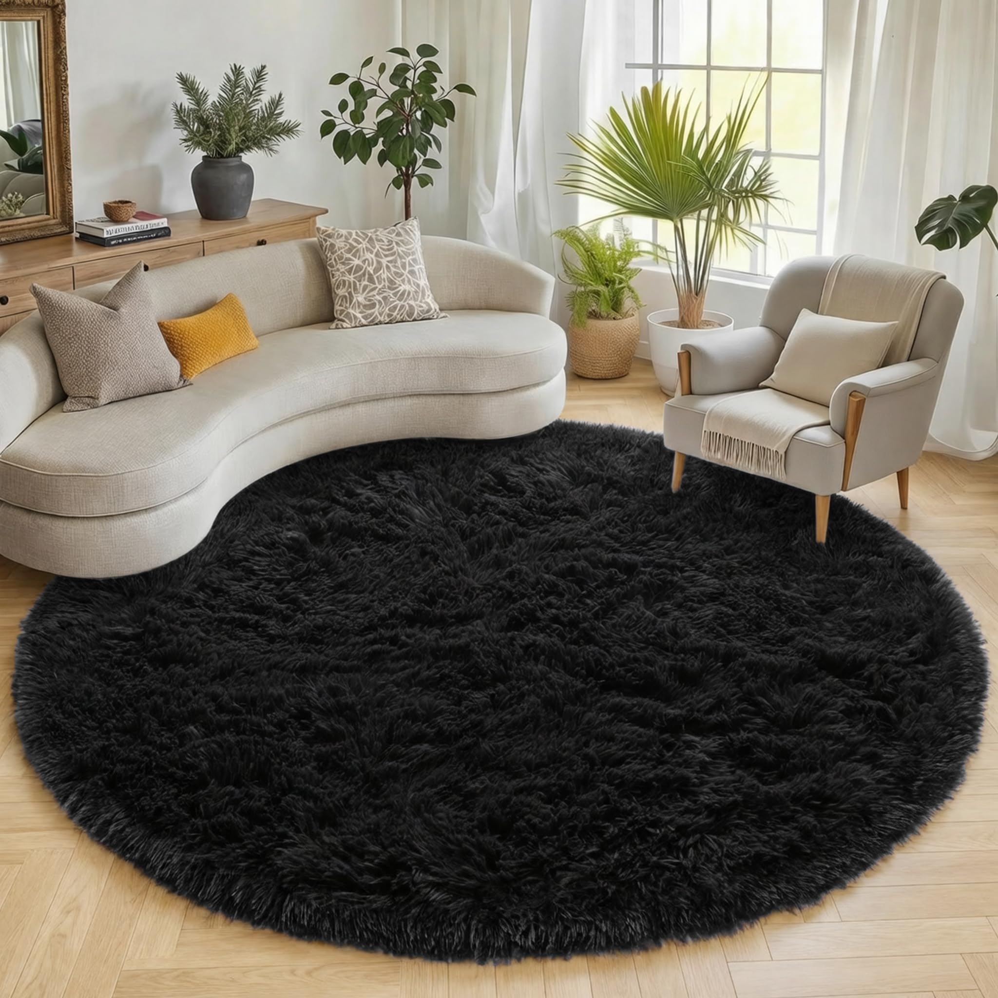 ONASAR Tie-Dyed Dark Grey Round Area Rugs 5ft, Ultra Soft Bedroom Circle Rug for Kids Girls Teen Room, Fluffy Plush Shaggy Carpet Floor Mats for Baby Nursery Living Room Playroom Home Decor