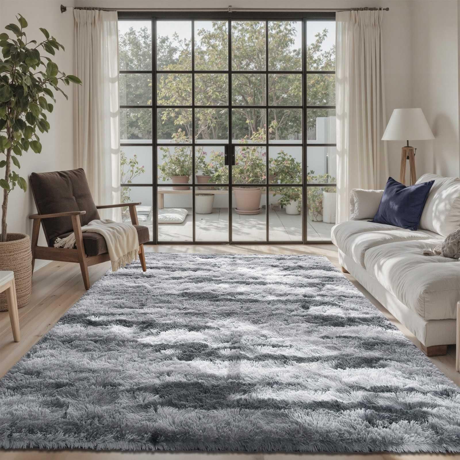 5×7ft Grey Fluffy Tie-Dyed Rug, Soft Shag Carpet for Home Decor