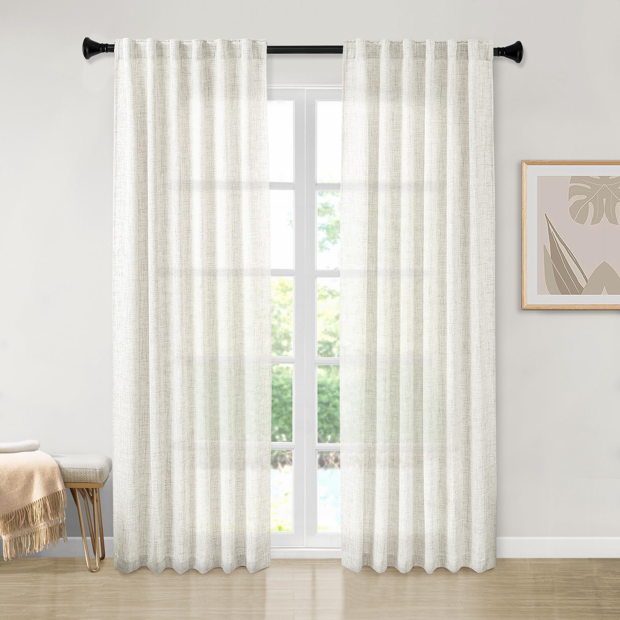Natural Linen Back Tab Curtains 92 inch Long 2 Panels Set for Living Room Semi Sheer Light Filtering Window Drape Neutral Country Farmhouse Boho Curtains for Bedroom Cream Beige