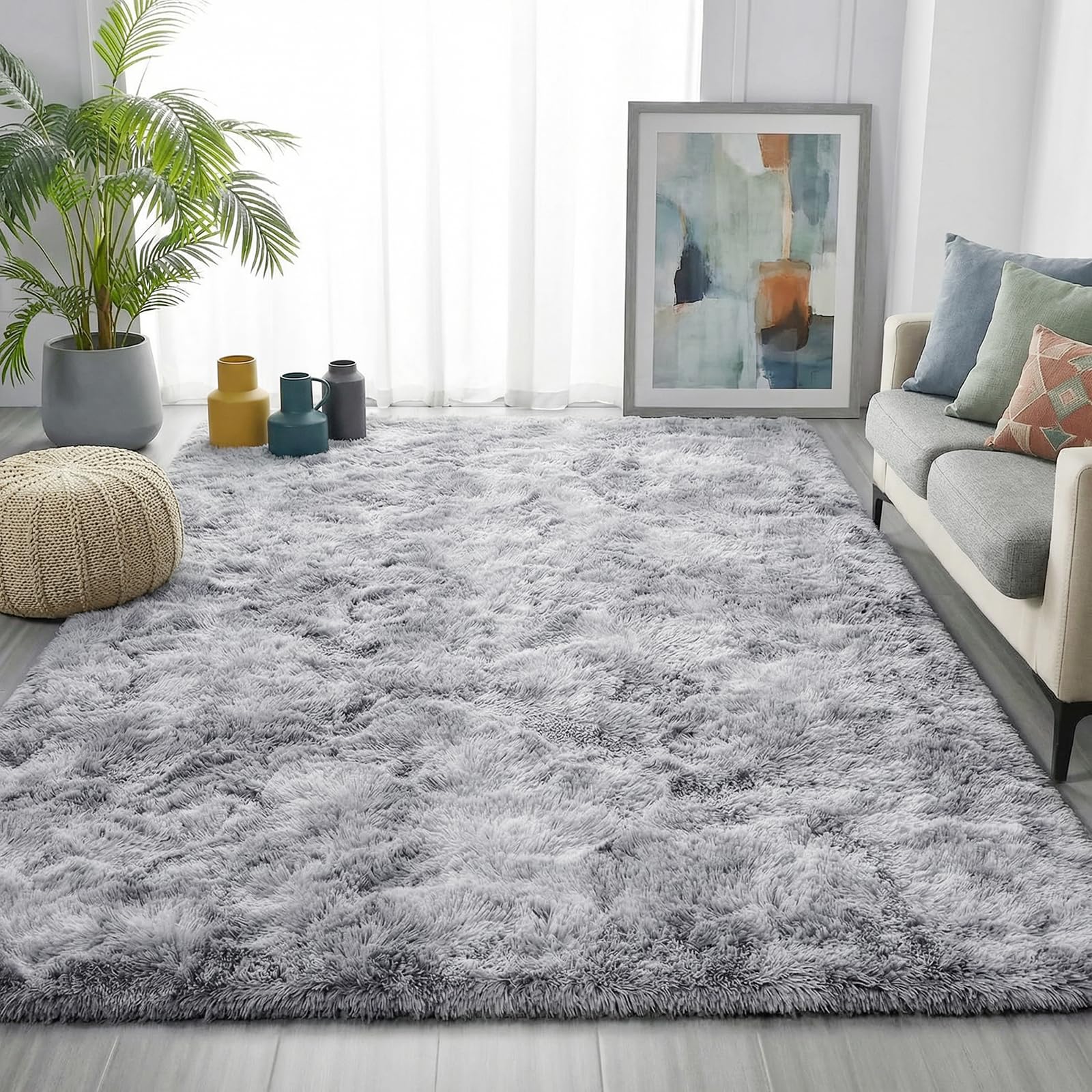 PAGISOFE Abstract Soft Shaggy Rugs for Living Room 5x8 Ft,Tie-Dyed Grey Fluffy Rugs for Kids Room Furry Carpets for Bedroom Room Decor Aesthetic Large Shag Carpet for Boys Girls Dorm Nursery