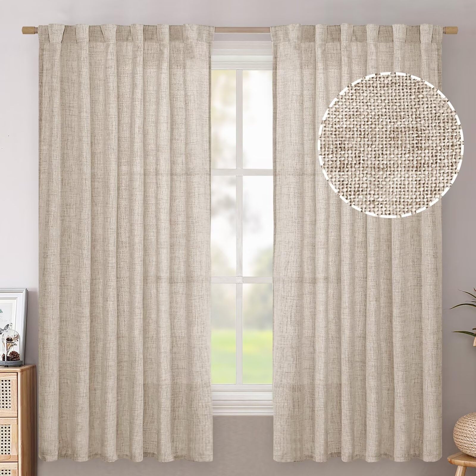 BGment Natural Linen Semi Sheer Curtains 96 Inch Length 2 Panels for Living Room, Beige Light Filtering Window Drapes with Rod Pocket Back Tab Extre Long for Dining Bedroom, 52 X 96 Inch