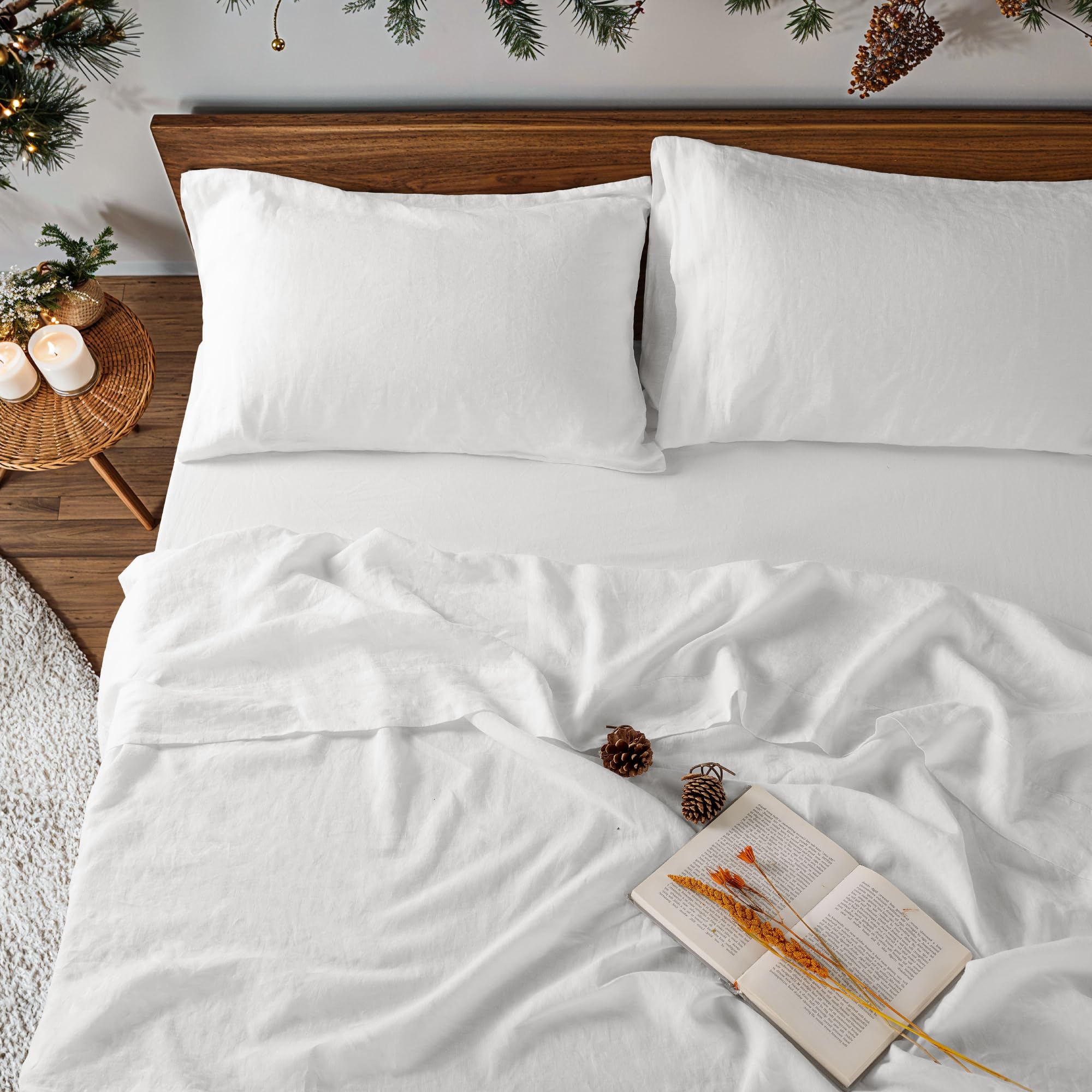 100% Pure Linen Sheet Set for Hot Sleepers, Breathable Natural Linen Sheets 4pcs, Bedding Set Deep Pocket Up to 16" Moisture-Wicking, Softens with Every Wash (Linen Queen)