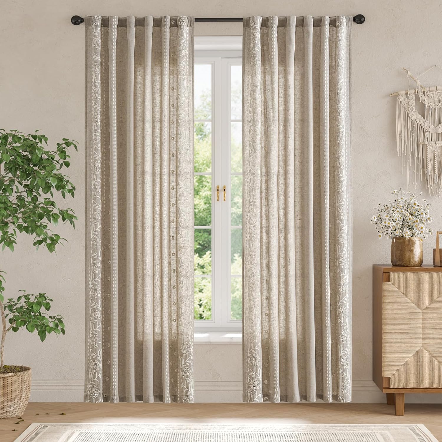 jinchan Winslow Linen Curtains for Bedroom 84 Inches Length Ivory on Taupe Embroidered Bordered Floral Curtains for Living Room Farmhouse Decor Light Filtering Window Treatments 2 Panels