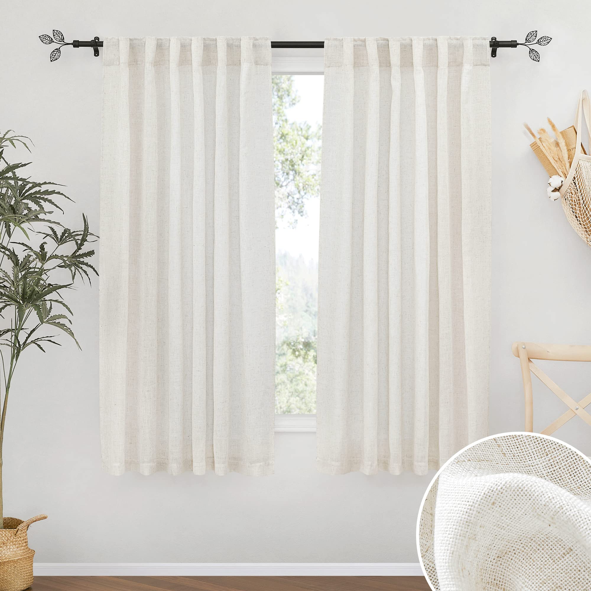 RYB HOME Linen Sheer Curtains and Drapes for Living Room 108 inches Length, Breathable Back Tab/Rod Pocket Semi Sheer Curtains, Oatmeal, W 52 x L 108 inches, 2 Panels Set