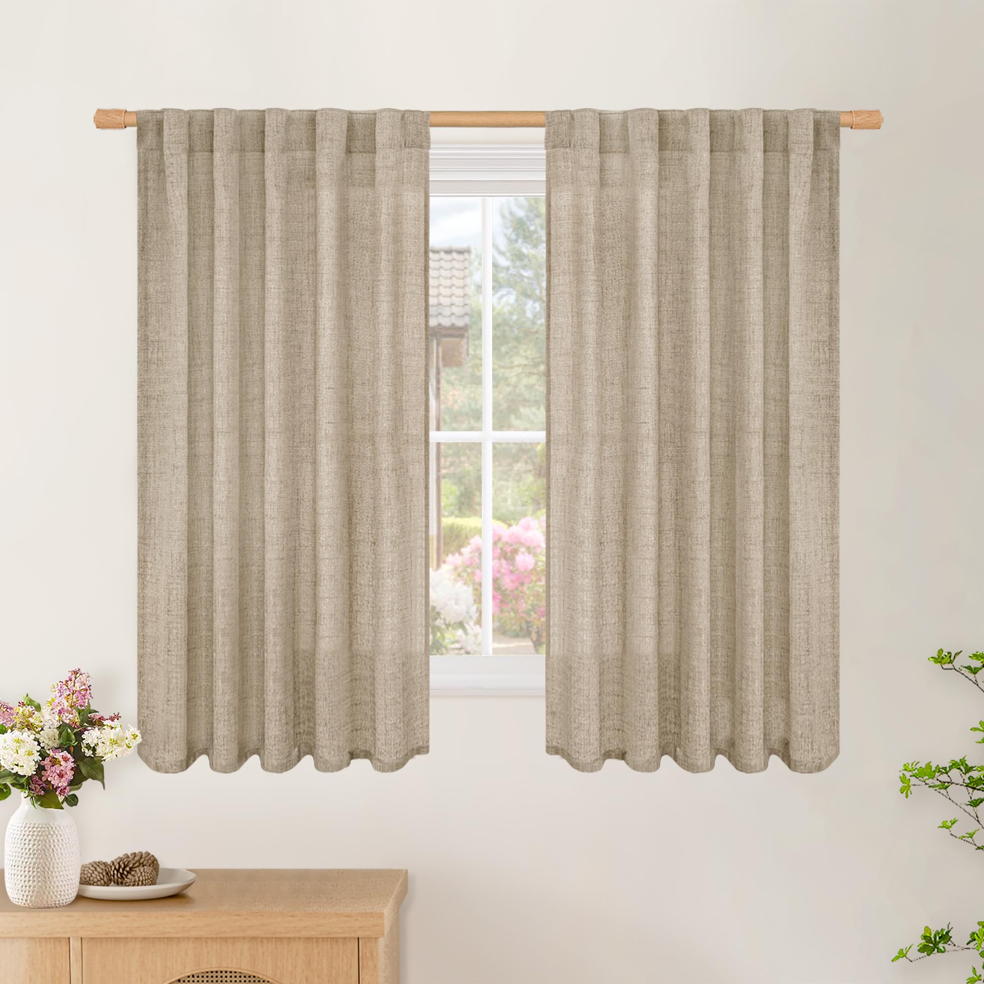 BGment Natural Linen Semi Sheer Curtains 96 Inch Length 2 Panels for Living Room, Beige Light Filtering Window Drapes with Rod Pocket Back Tab Extre Long for Dining Bedroom, 52 X 96 Inch