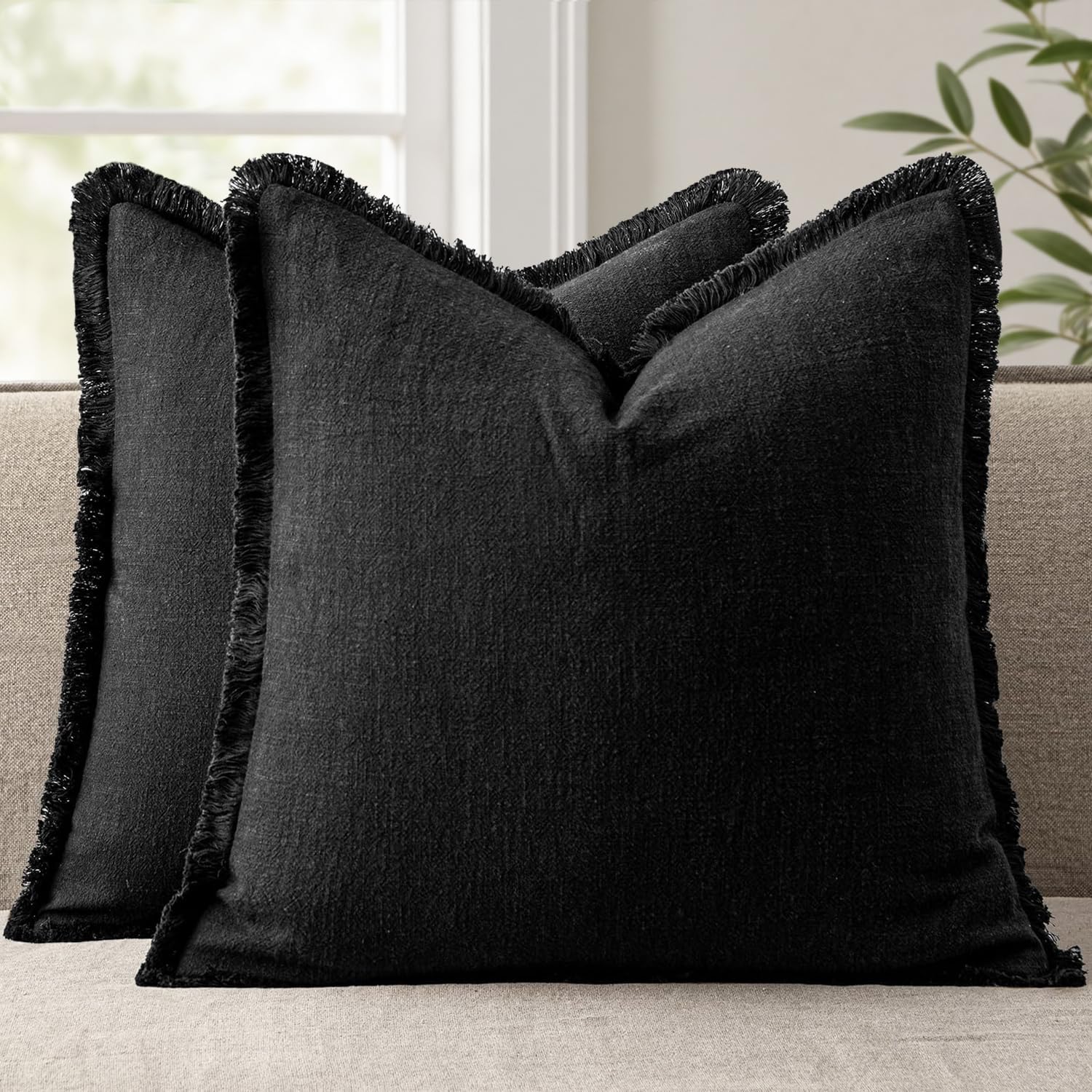 ANRODUO Set of 2 Decorative Throw Pillow Covers 26×26 Inch Soft Linen Fringe Farmhouse Boho Vintage Cushion Covers with Tassels Accent Pillowcase for Couch Sofa Bed Living Room Summer Decor Cream