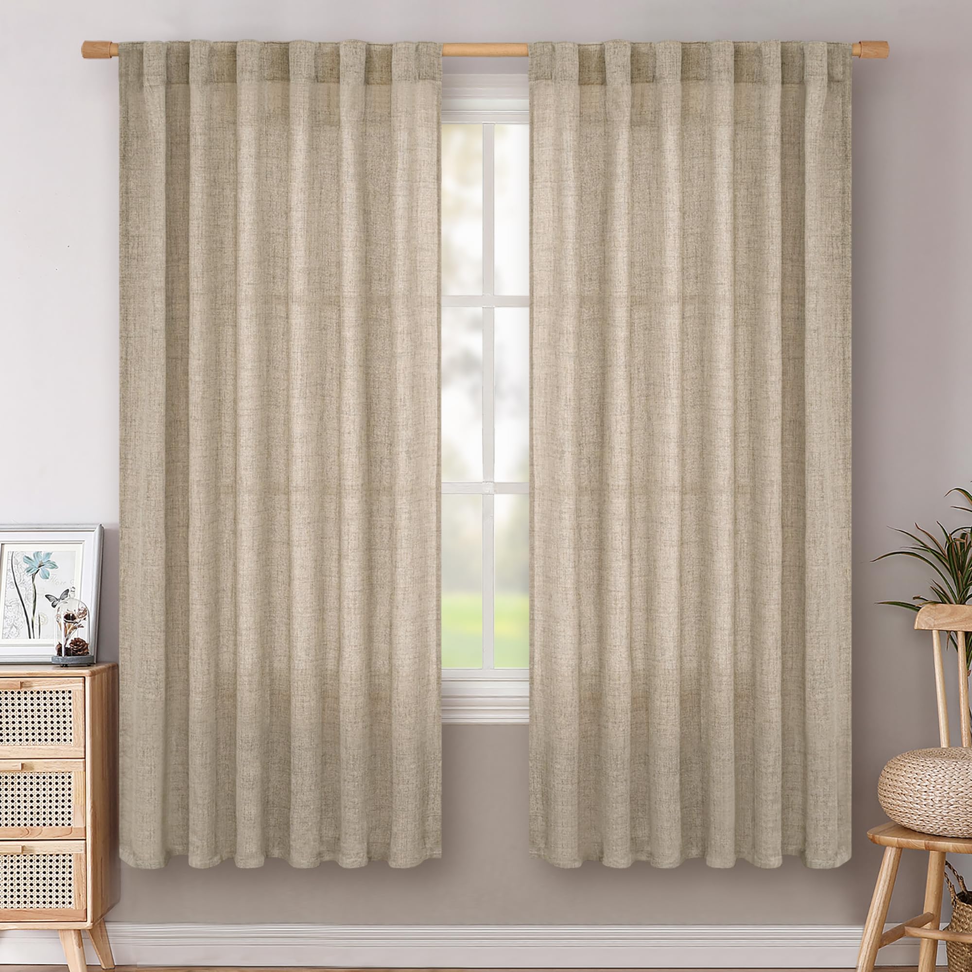 BGment Natural Linen Semi Sheer Curtains 96 Inch Length 2 Panels for Living Room, Beige Light Filtering Window Drapes with Rod Pocket Back Tab Extre Long for Dining Bedroom, 52 X 96 Inch