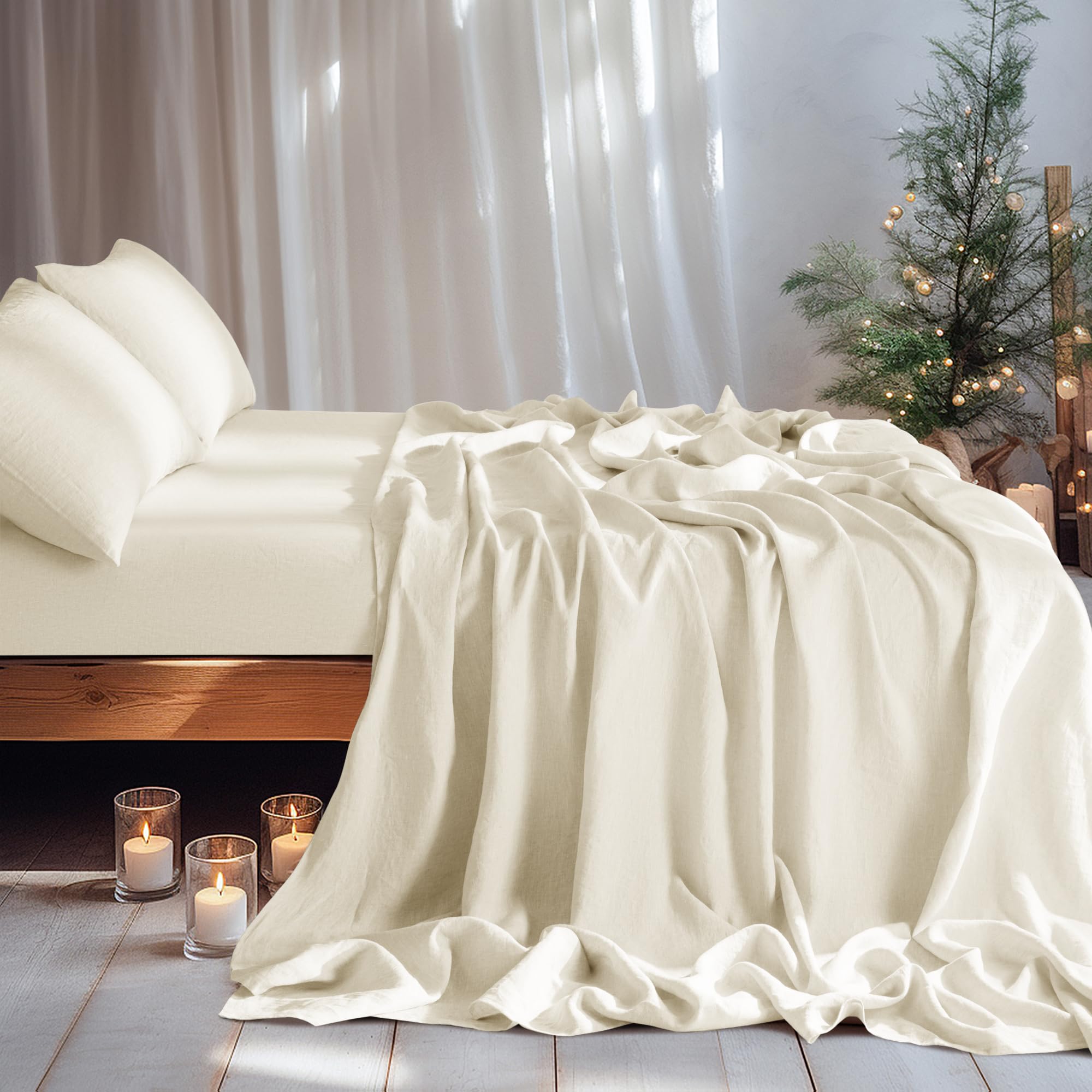 LBRO2M 100% Linen Sheet Set Deep Pocket Fit Up to 19" Bed Sheets Sets, Natural Flax Beddings Soft, Breathable, Comfortable for All Year Round 4 Pcs Sheet Set (Queen, Linen)