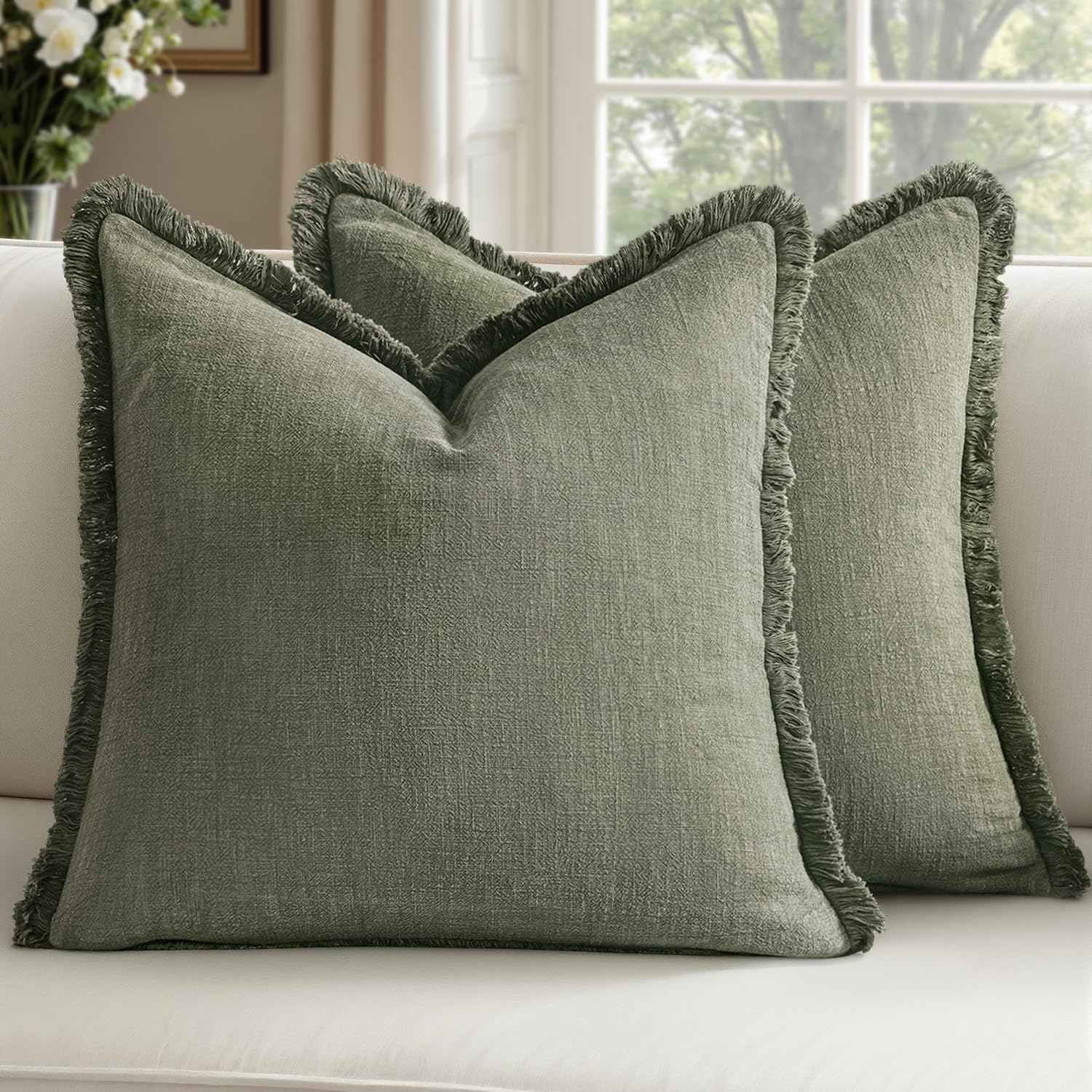 Decorative Linen Fringe Throw Pillow Covers Boho Farmhouse Soft Euro Accent Pillowcases with Tassels for Bed Couch Sofa Living Room Bedroom,24x24 Inch Set of 2,Brown