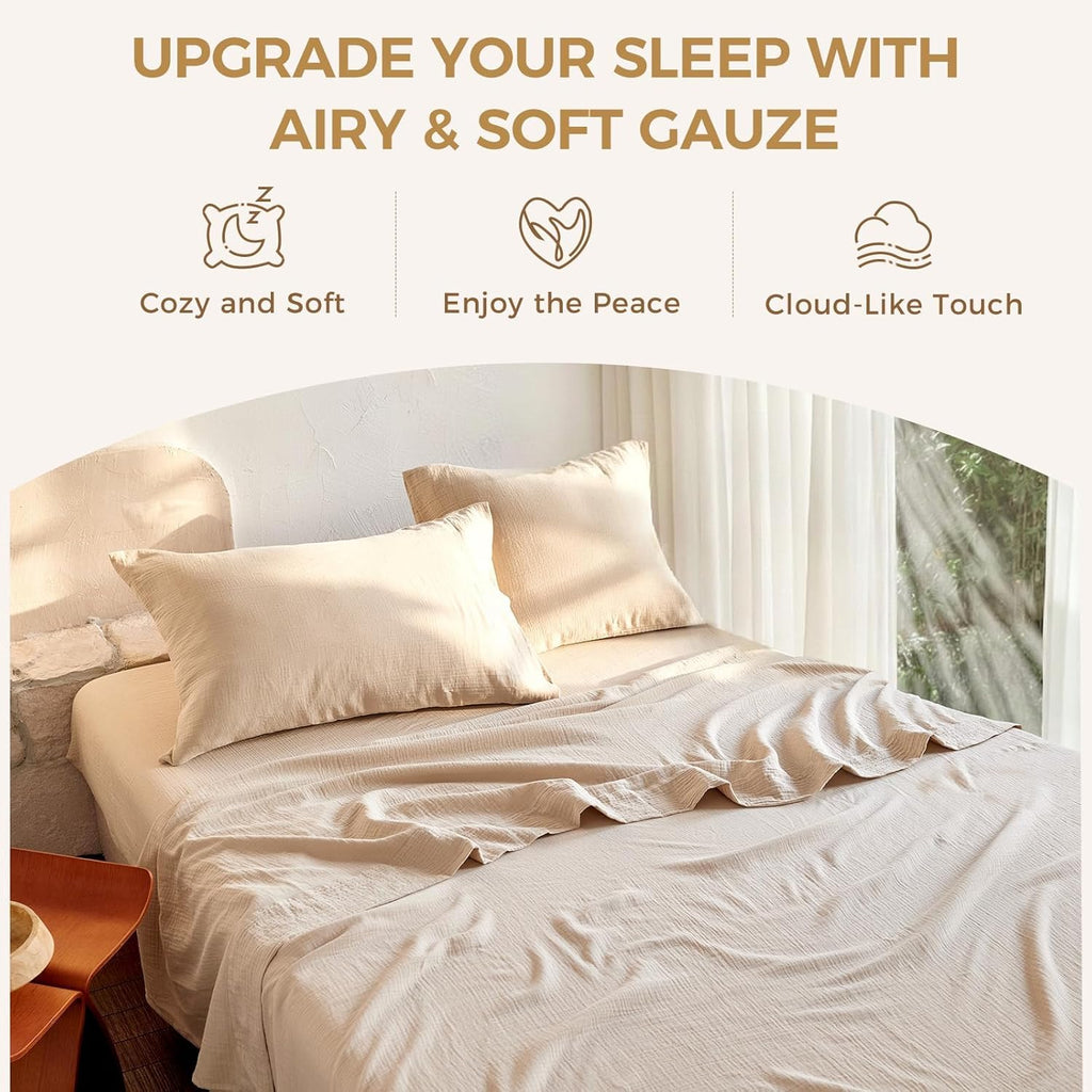 LUTBM King Sheet Set 100% Cotton Bed Sheets Gauze 4 Pcs Muslin Linen Sheets Set 16" Deep Pocket Sheet & Pillowcase Sets Breathable Boho King Soft Bedding Sets for All Season