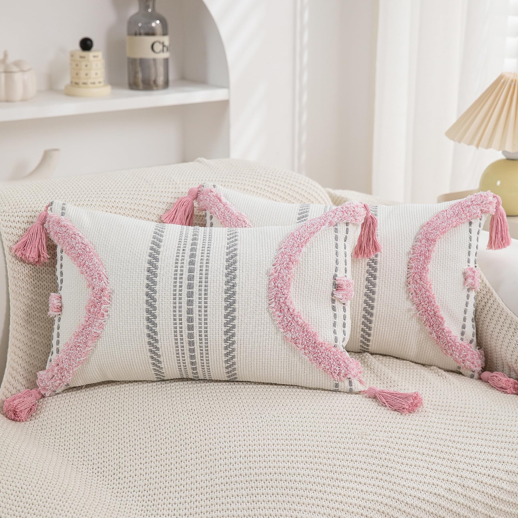 Boho Throw Pillow Covers 18x18 Set of 2 Cotton Woven Tufted Farmhouse Pillows Covers with Tassels Outdoor Neutral Navy Decorative Pillowcases Square Textured Accent Cushion Cases for Couch Bed Sofa