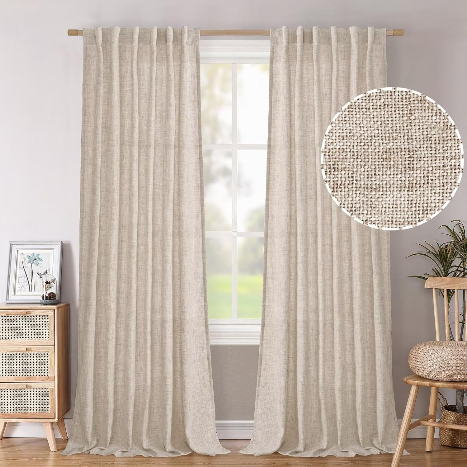 BGment Natural Linen Semi Sheer Curtains 96 Inch Length 2 Panels for Living Room, Beige Light Filtering Window Drapes with Rod Pocket Back Tab Extre Long for Dining Bedroom, 52 X 96 Inch