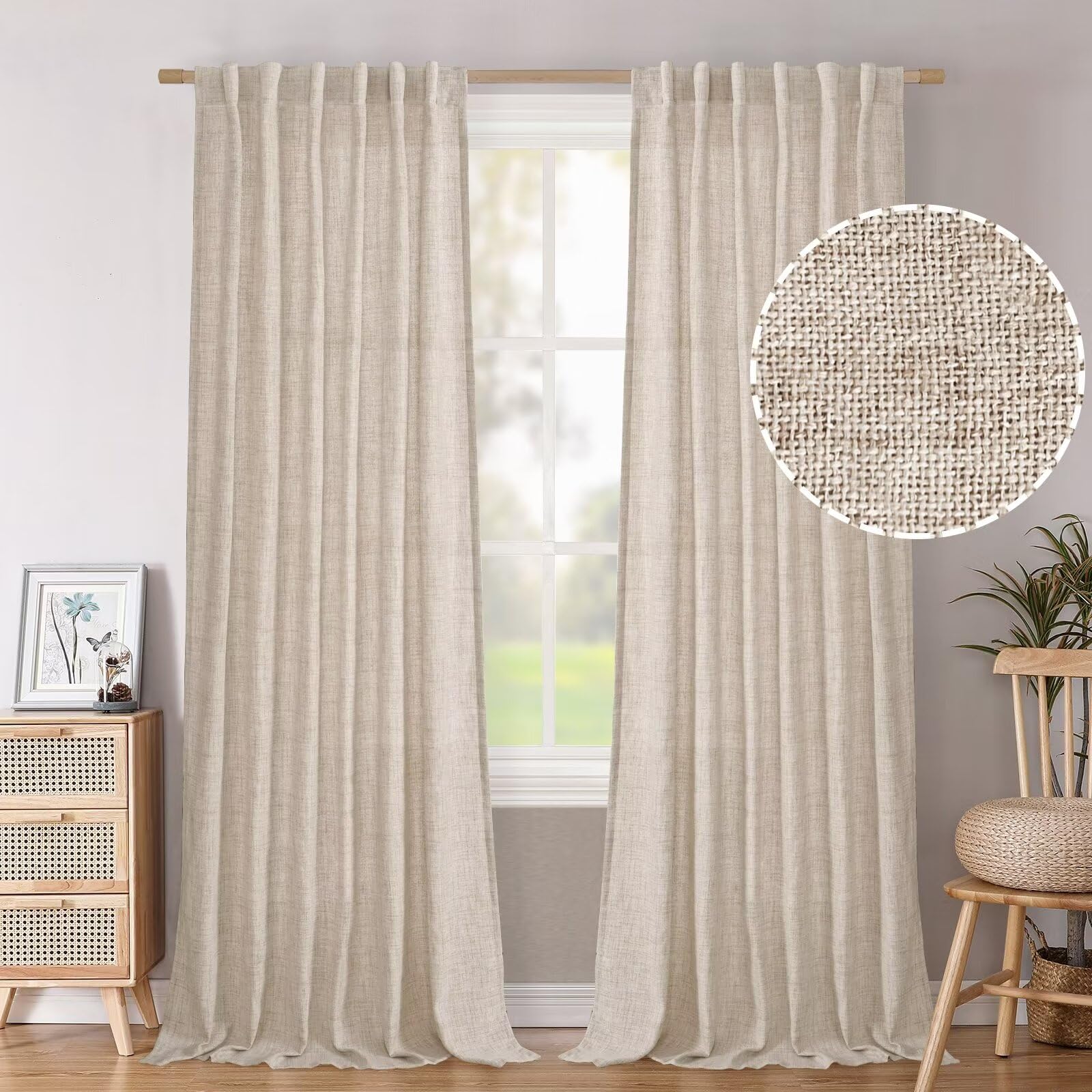 BGment Natural Linen Semi Sheer Curtains 96 Inch Length 2 Panels for Living Room, Beige Light Filtering Window Drapes with Rod Pocket Back Tab Extre Long for Dining Bedroom, 52 X 96 Inch