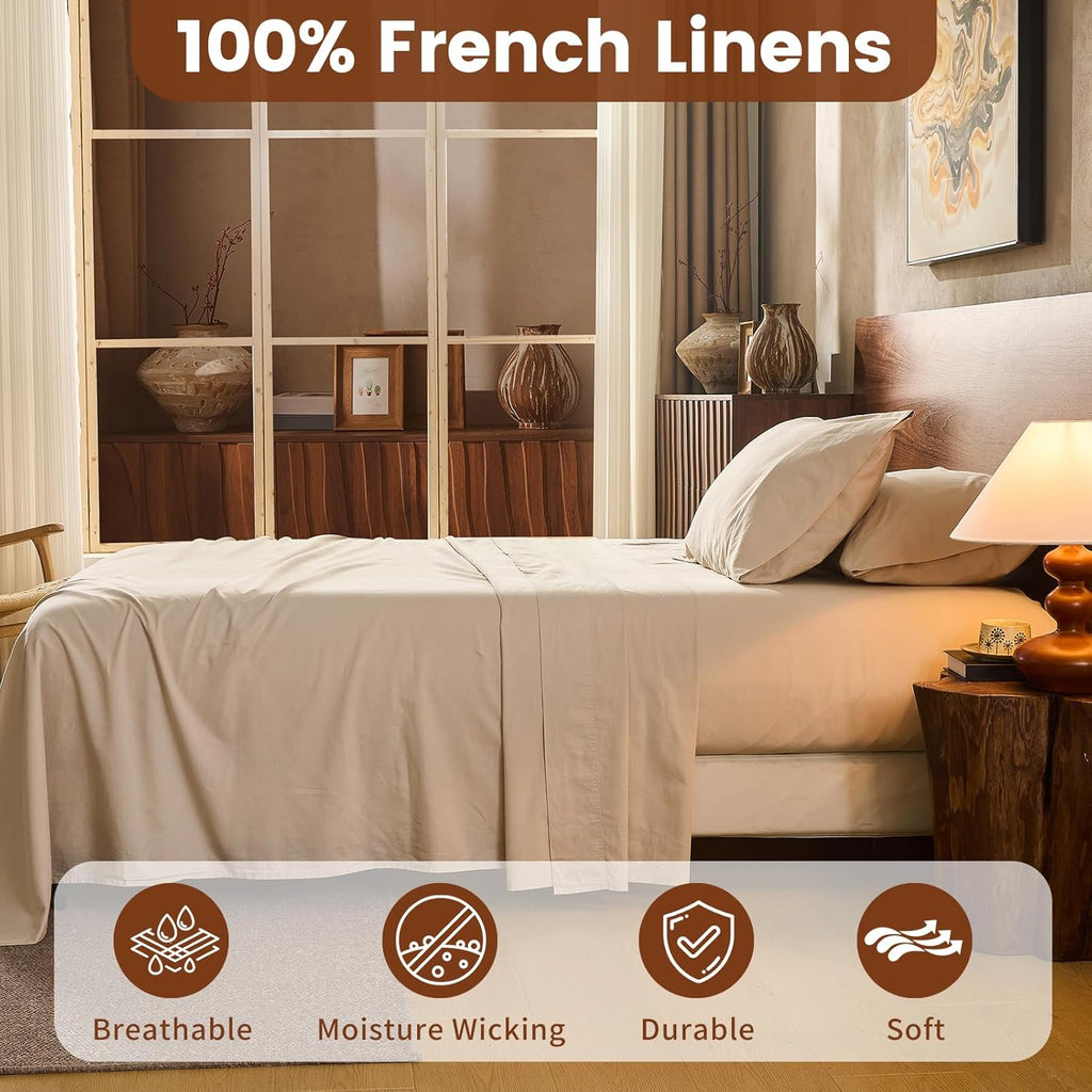 King 100% Linen 4-Piece Sheet Set, Breathable All-Season Bedding