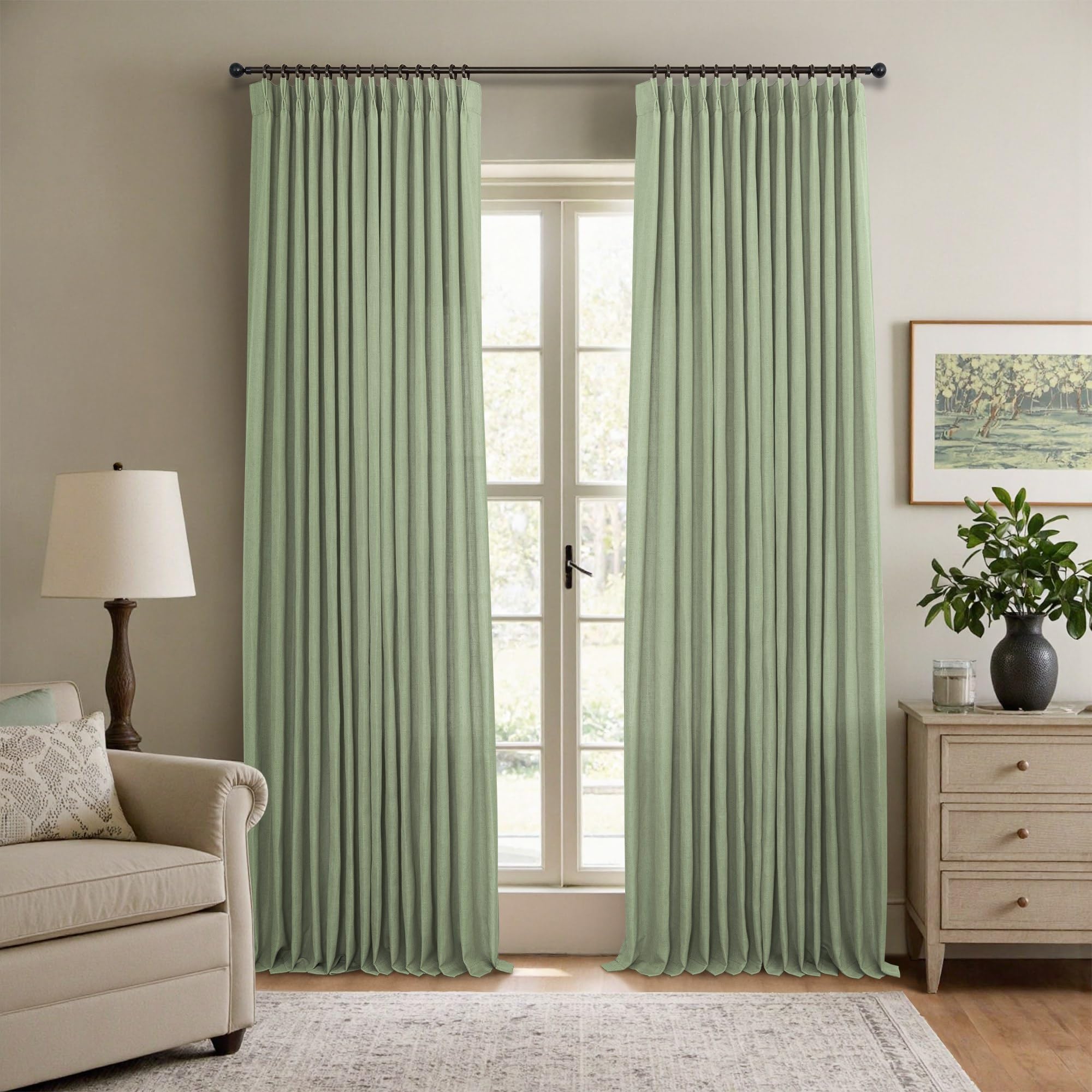Natural Pinch Pleated Linen Cream Curtains 84 Inch Length 2 Panels for Living Room Bedroom Ivory Semi Sheer Light Filtering Modern Farmhouse Boho Neutral Rustic Long Drapes Back Tab Pleat Hooks Rings