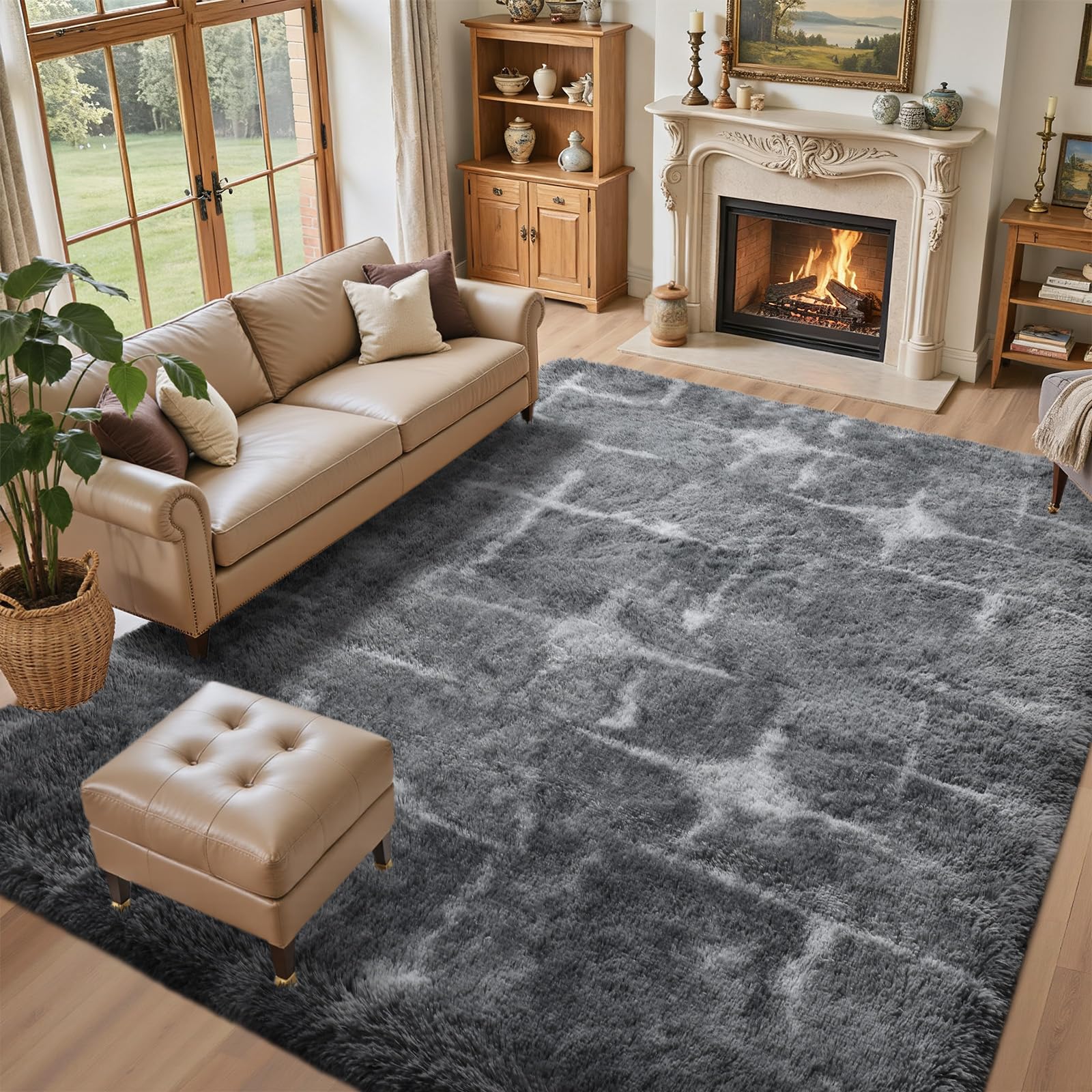 5×7ft Grey Fluffy Tie-Dyed Rug, Soft Shag Carpet for Home Decor