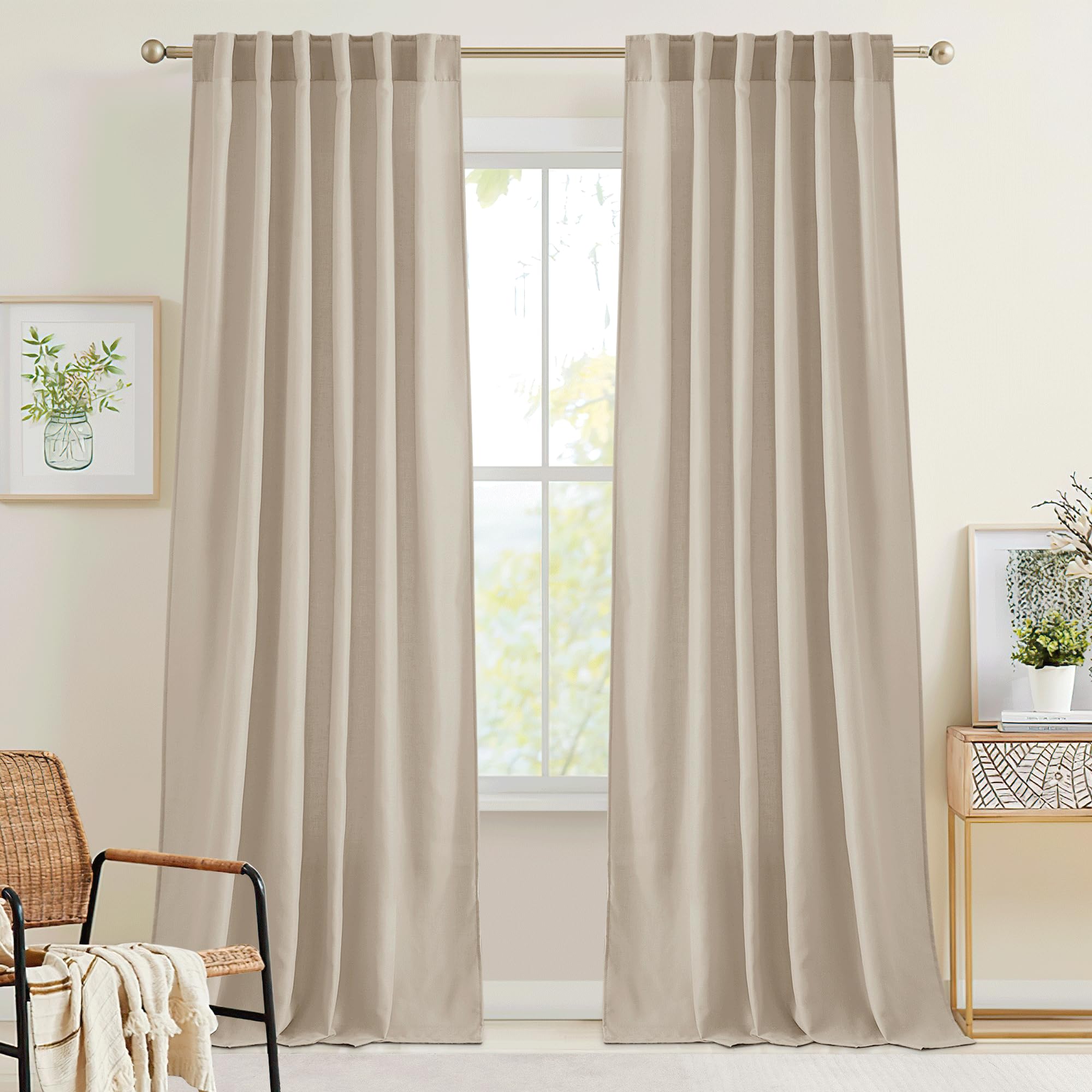 RYB HOME Linen Sheer Curtains and Drapes for Living Room 108 inches Length, Breathable Back Tab/Rod Pocket Semi Sheer Curtains, Oatmeal, W 52 x L 108 inches, 2 Panels Set