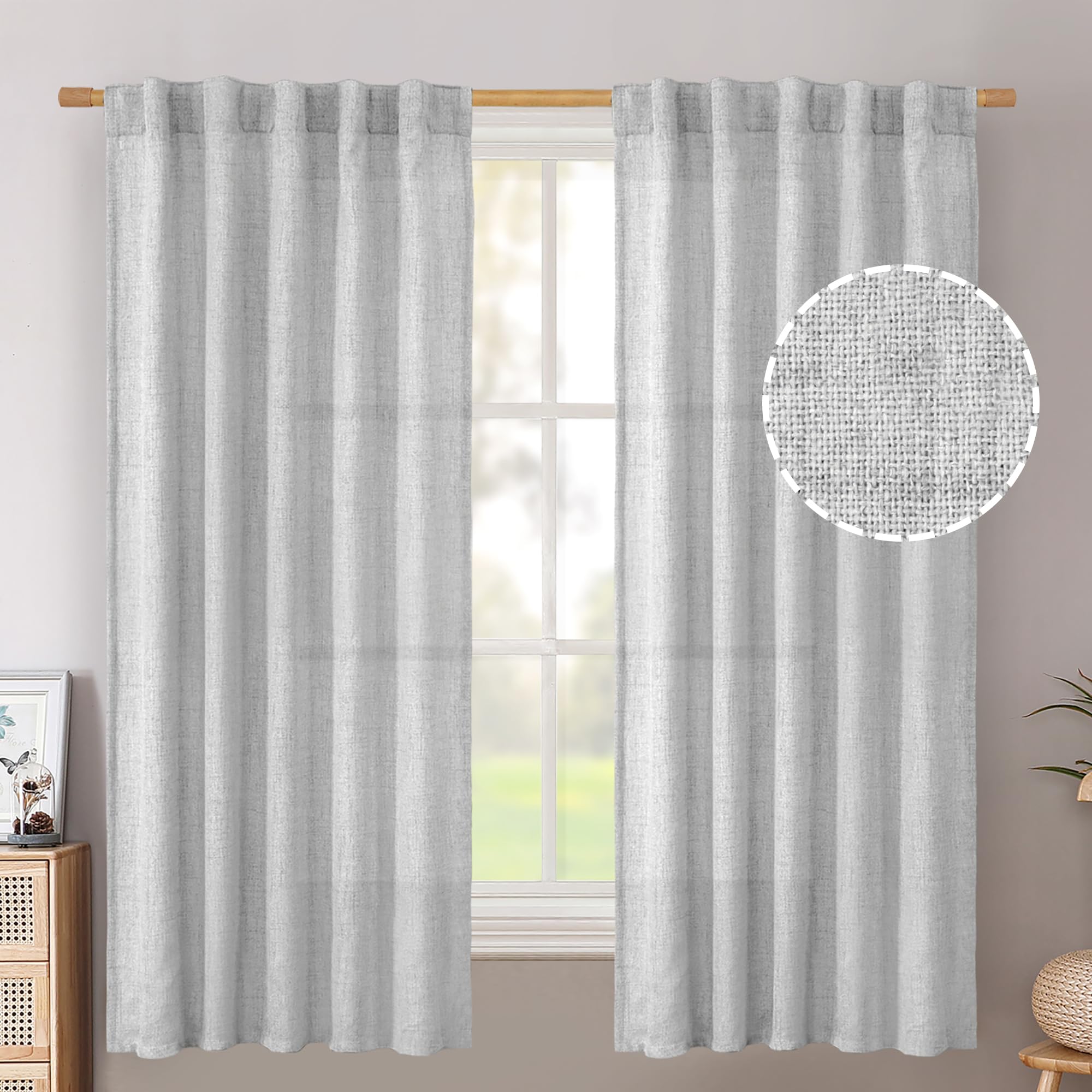 BGment Natural Linen Semi Sheer Curtains 96 Inch Length 2 Panels for Living Room, Beige Light Filtering Window Drapes with Rod Pocket Back Tab Extre Long for Dining Bedroom, 52 X 96 Inch