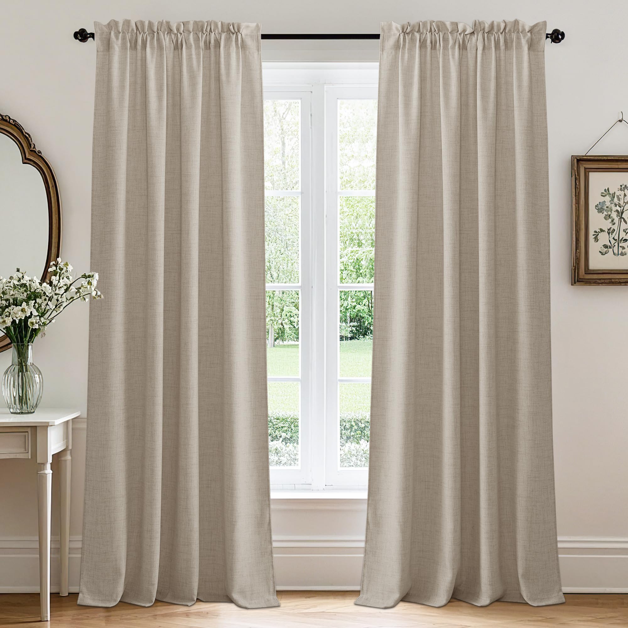 RYB HOME Linen Sheer Curtains and Drapes for Living Room 108 inches Length, Breathable Back Tab/Rod Pocket Semi Sheer Curtains, Oatmeal, W 52 x L 108 inches, 2 Panels Set