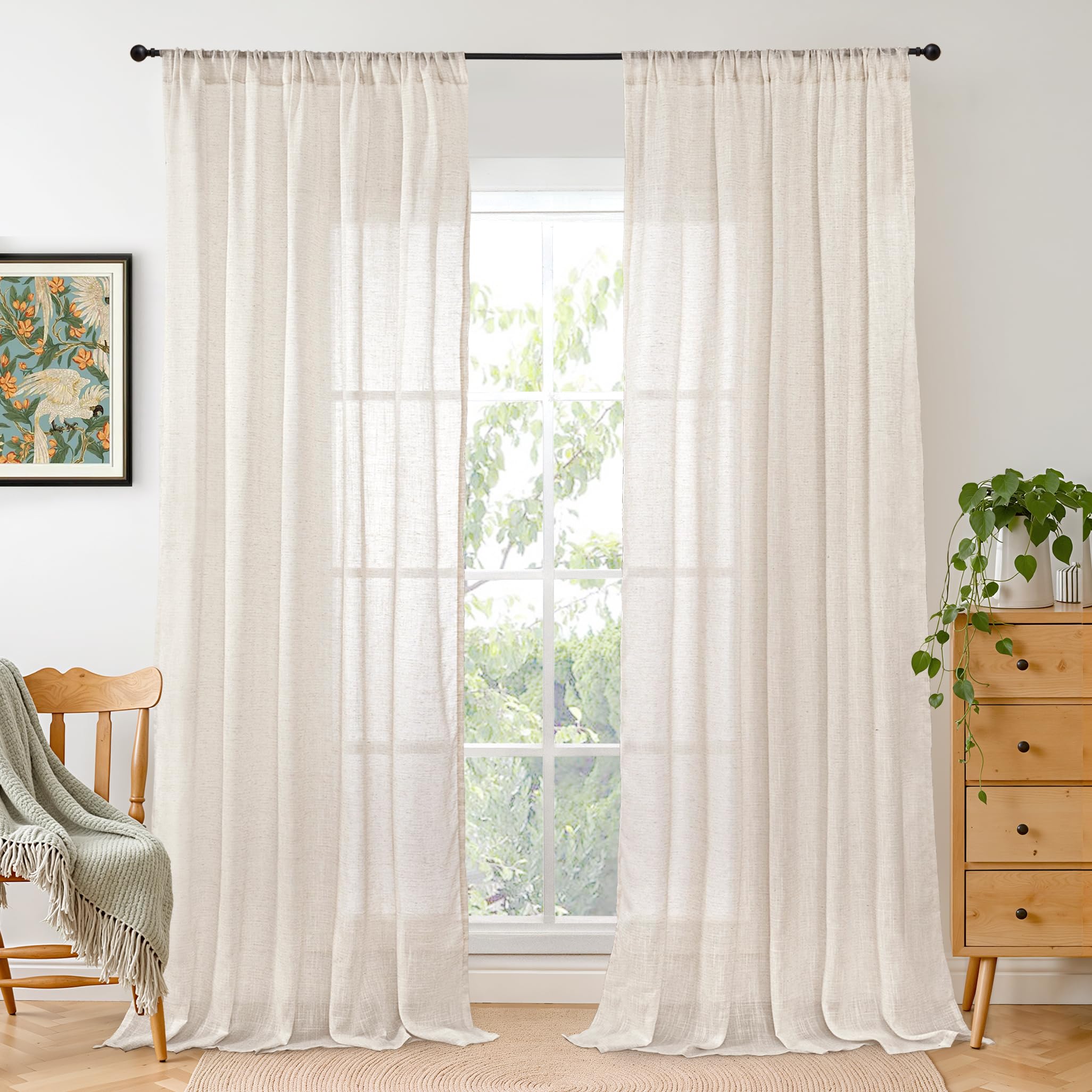 BGment 90 Inches Long Curtains Linen Semi Sheer, Light Filtering Window Treatments Drapes with Rod Pocket Lightweight for Living Room Bedroom, 2 Panels, 52 Inch Wide Each Panel