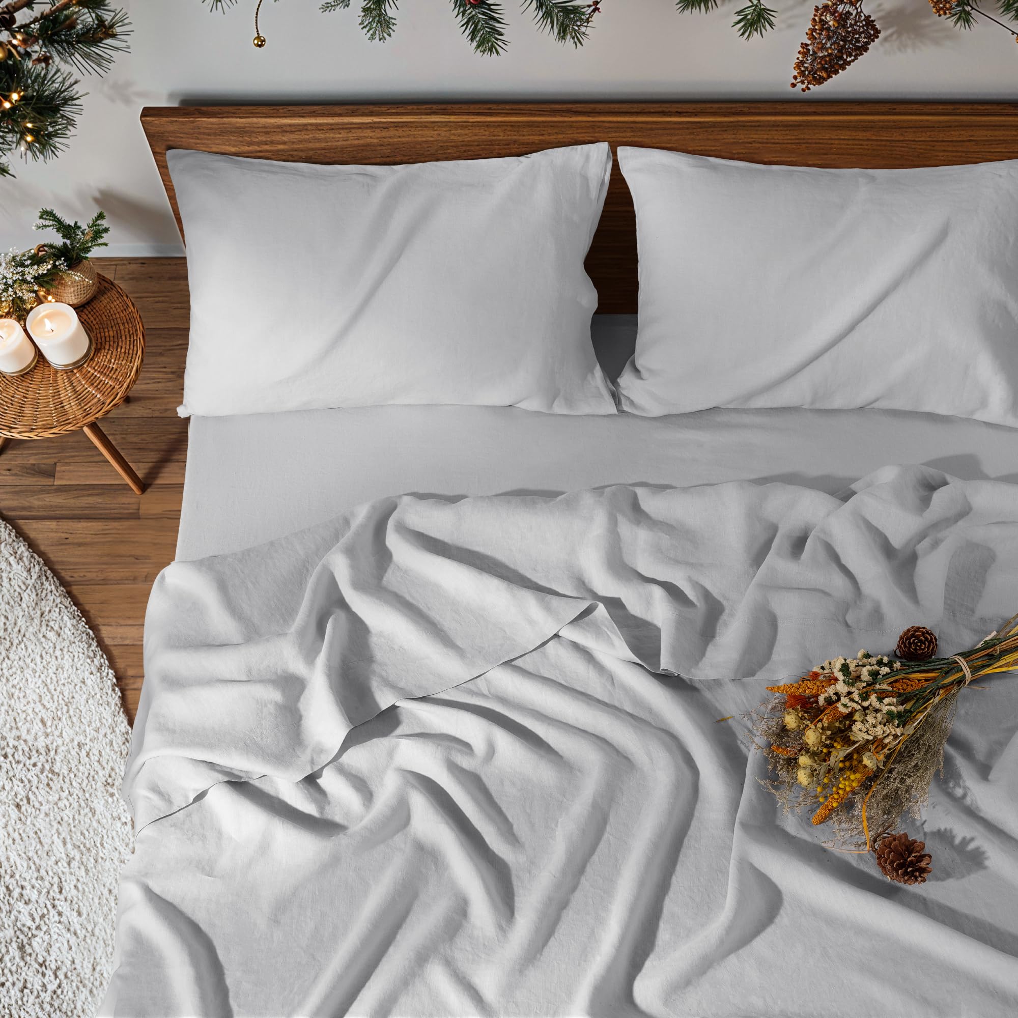 100% Pure Linen Sheet Set for Hot Sleepers, Breathable Natural Linen Sheets 4pcs, Bedding Set Deep Pocket Up to 16" Moisture-Wicking, Softens with Every Wash (Linen Queen)