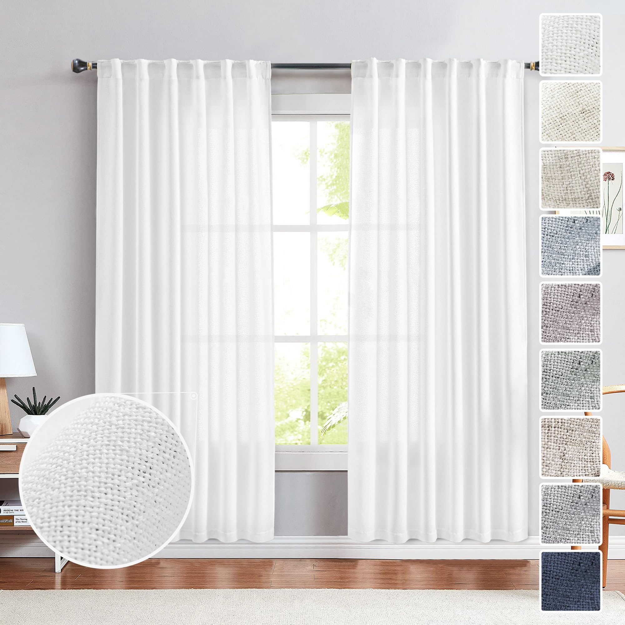 Natural Linen Back Tab Curtains 92 inch Long 2 Panels Set for Living Room Semi Sheer Light Filtering Window Drape Neutral Country Farmhouse Boho Curtains for Bedroom Cream Beige