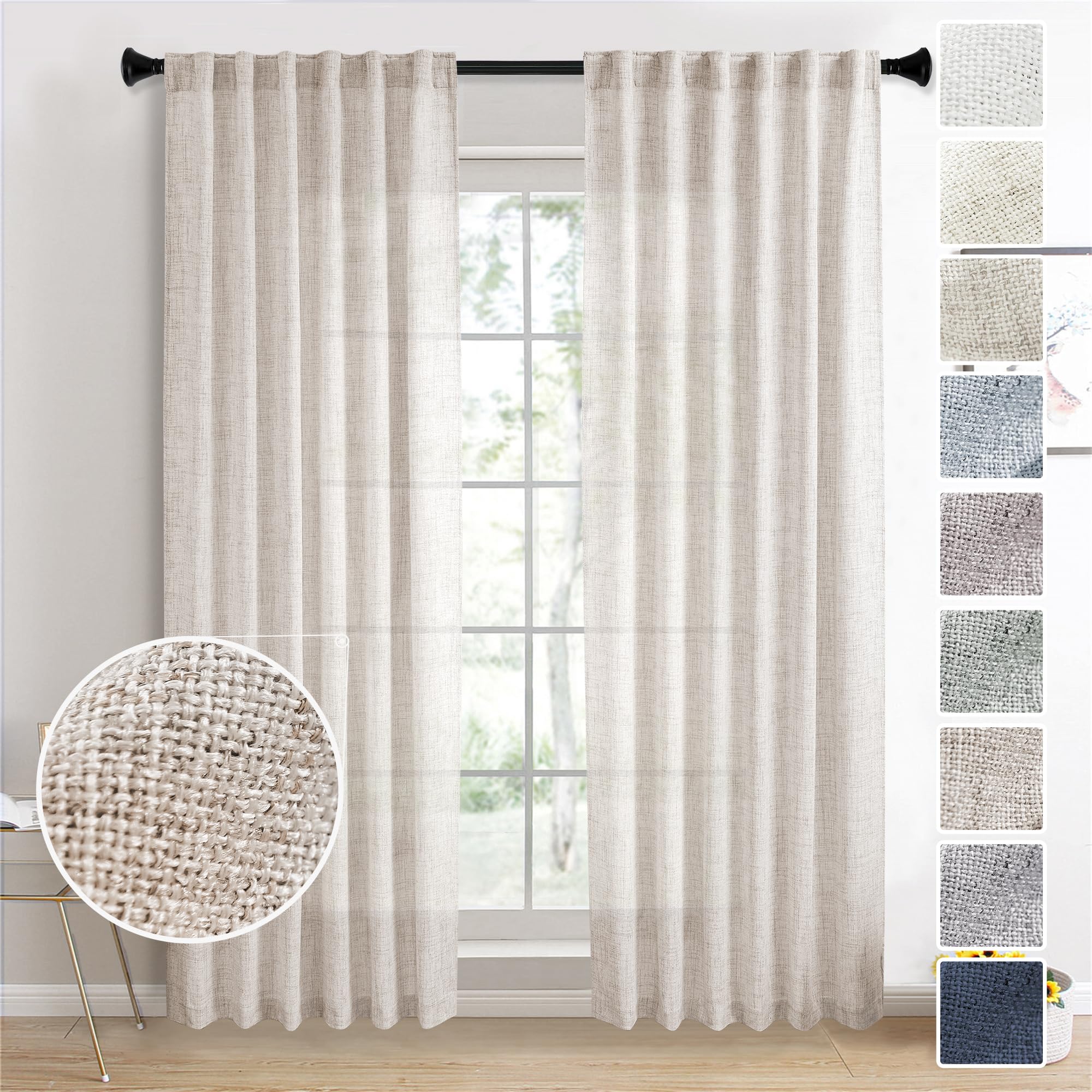 Natural Linen Back Tab Curtains 92 inch Long 2 Panels Set for Living Room Semi Sheer Light Filtering Window Drape Neutral Country Farmhouse Boho Curtains for Bedroom Cream Beige