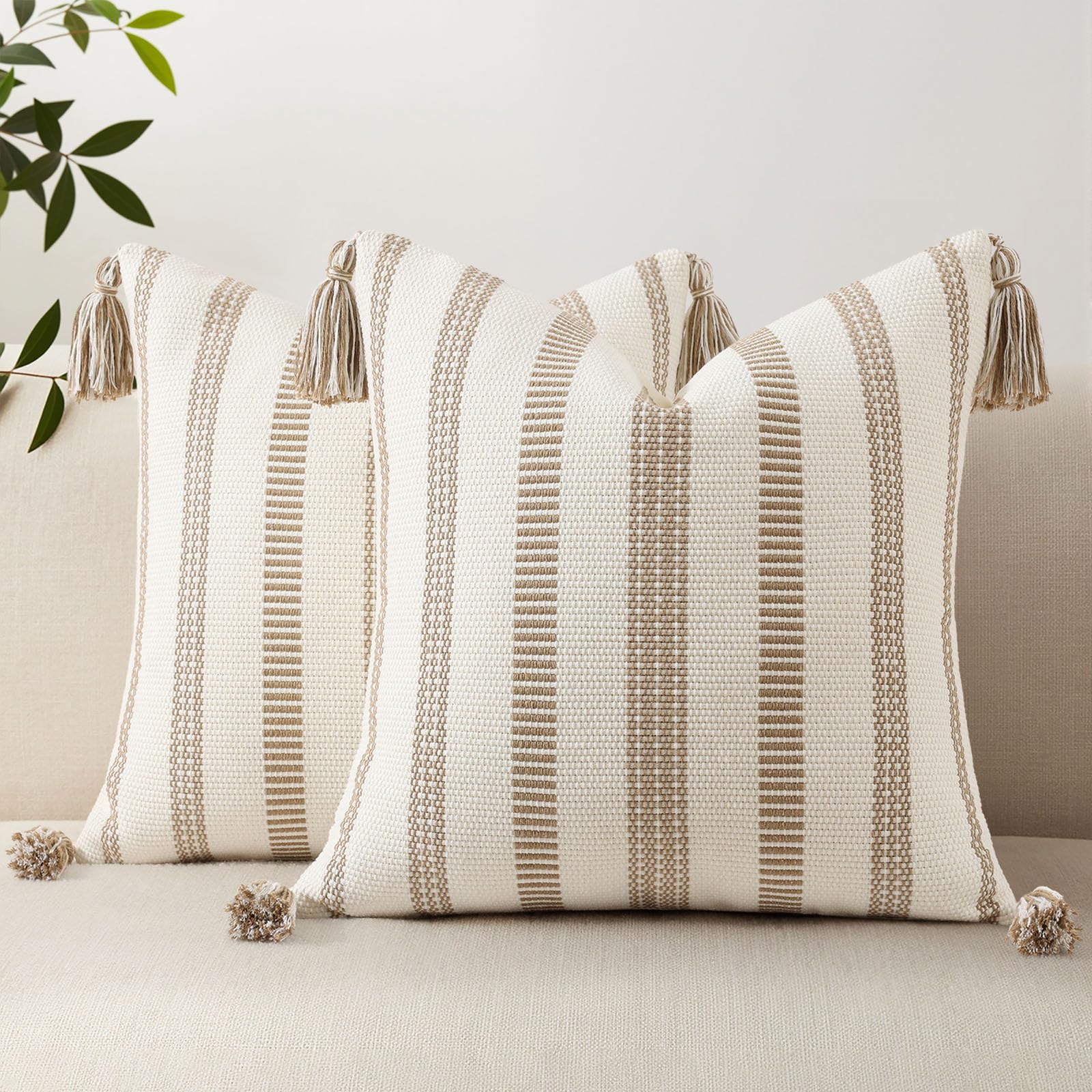 Smile Bee Boho Outdoor Couch Throw Pillow Covers Set of 2 Decorative Thick Woven Striped Accent Neutral Pillow Covers with Tassels for Bed Sofa Home Decor 20x20 Inch, Navy Blue and Cream White