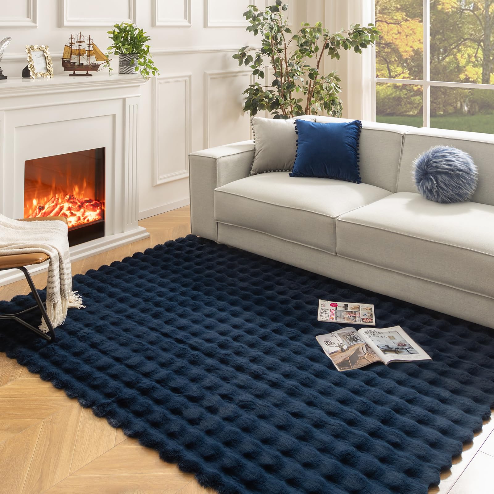 Ashler Faux Rabbit Fur Rug, Light Grey 3x5 FT Fluffy Soft Area Rugs, Rectangle Fuzzy Carpet for Living Room, Bedroom, Machine Washable Rug - 3D Bubble Mat