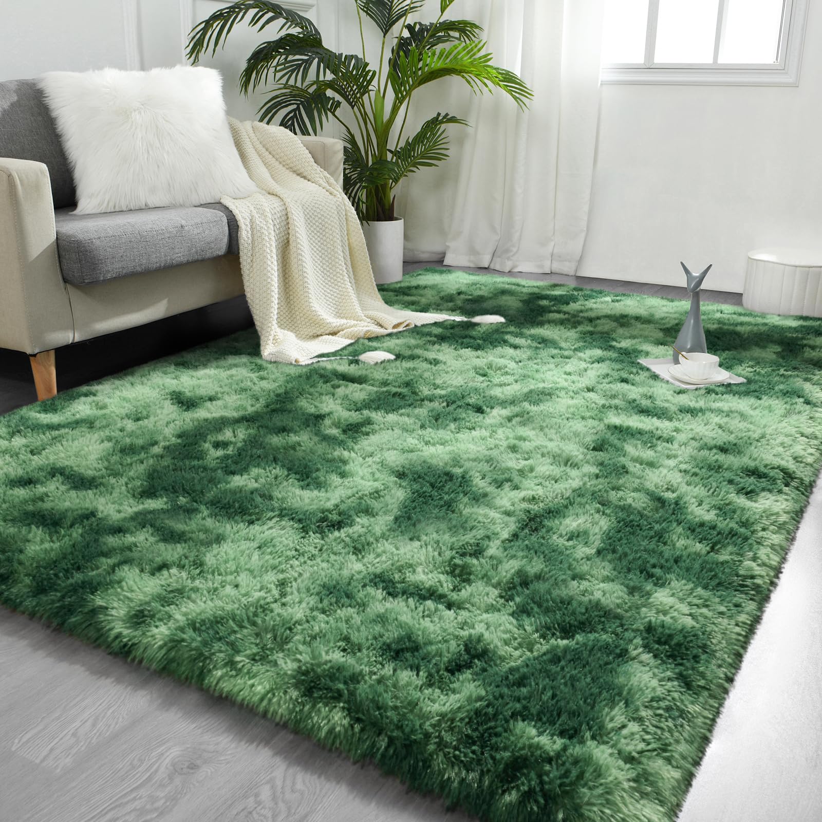 FlyDOIT Large Area Rugs for Living Room, 5x8 Feet Tie-Dyed Light Grey Shaggy Rug Fluffy Throw Carpets, Ultra Soft Plush Modern Indoor Fuzzy Rugs for Bedroom Girls Kids Nursery Room Dorm Home Decor