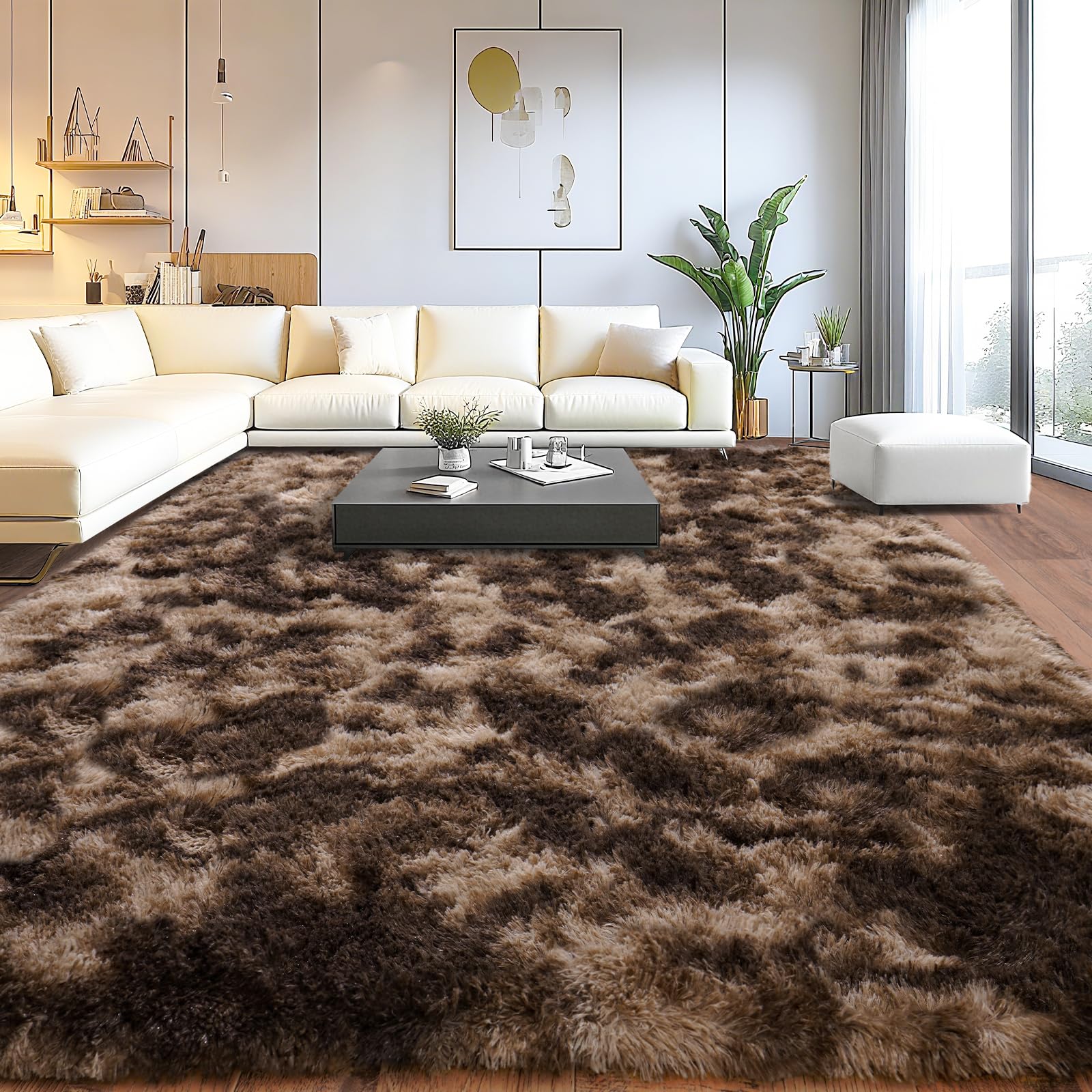 Shaggy Area Rugs, Fuzzy Rugs for Living Room, Soft Nursery Area Rug for Girls, Tie Dye Black Gray Plush Area Rugs Non Slip, Fluffy Rug Carpet 8x10ft