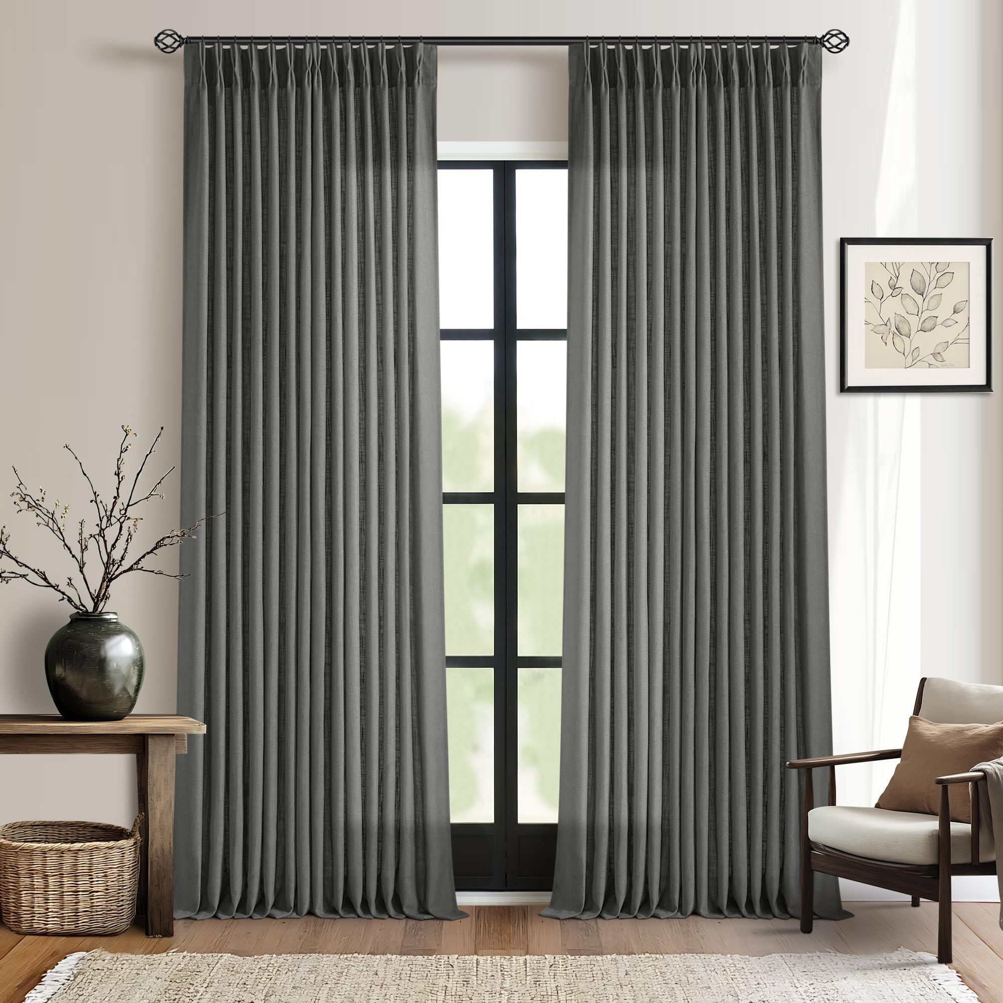Dutch Cocoa Pinch Pleated Linen Curtains 84 Inches Long 60 Inch Width Linen Blend Light Filtering Window Curtains 84 Inch for Living Room Bedroom Patio Pinch Pleat Drapes Hooks Rings 1 Panel 60Wx84L