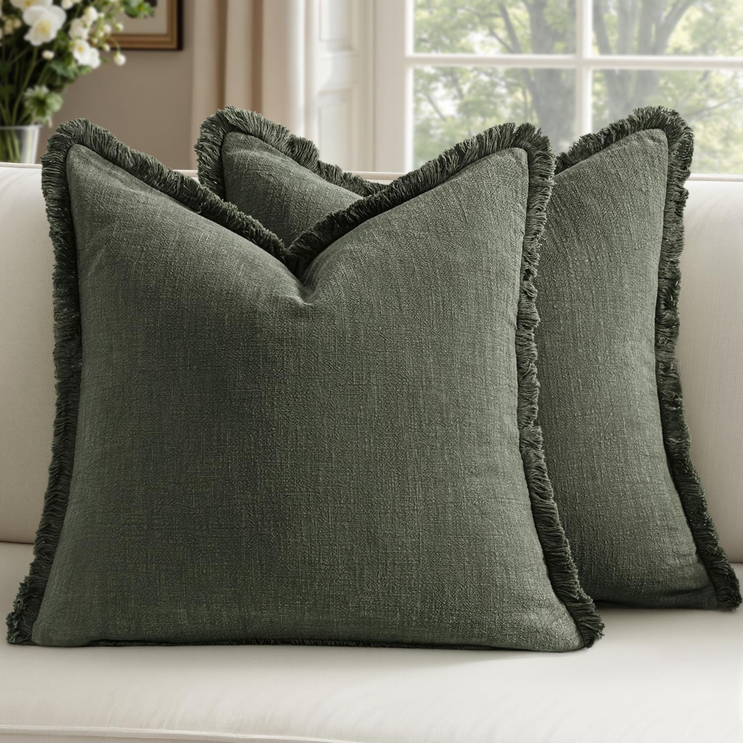 Decorative Linen Fringe Throw Pillow Covers Boho Farmhouse Soft Euro Accent Pillowcases with Tassels for Bed Couch Sofa Living Room Bedroom,24x24 Inch Set of 2,Brown