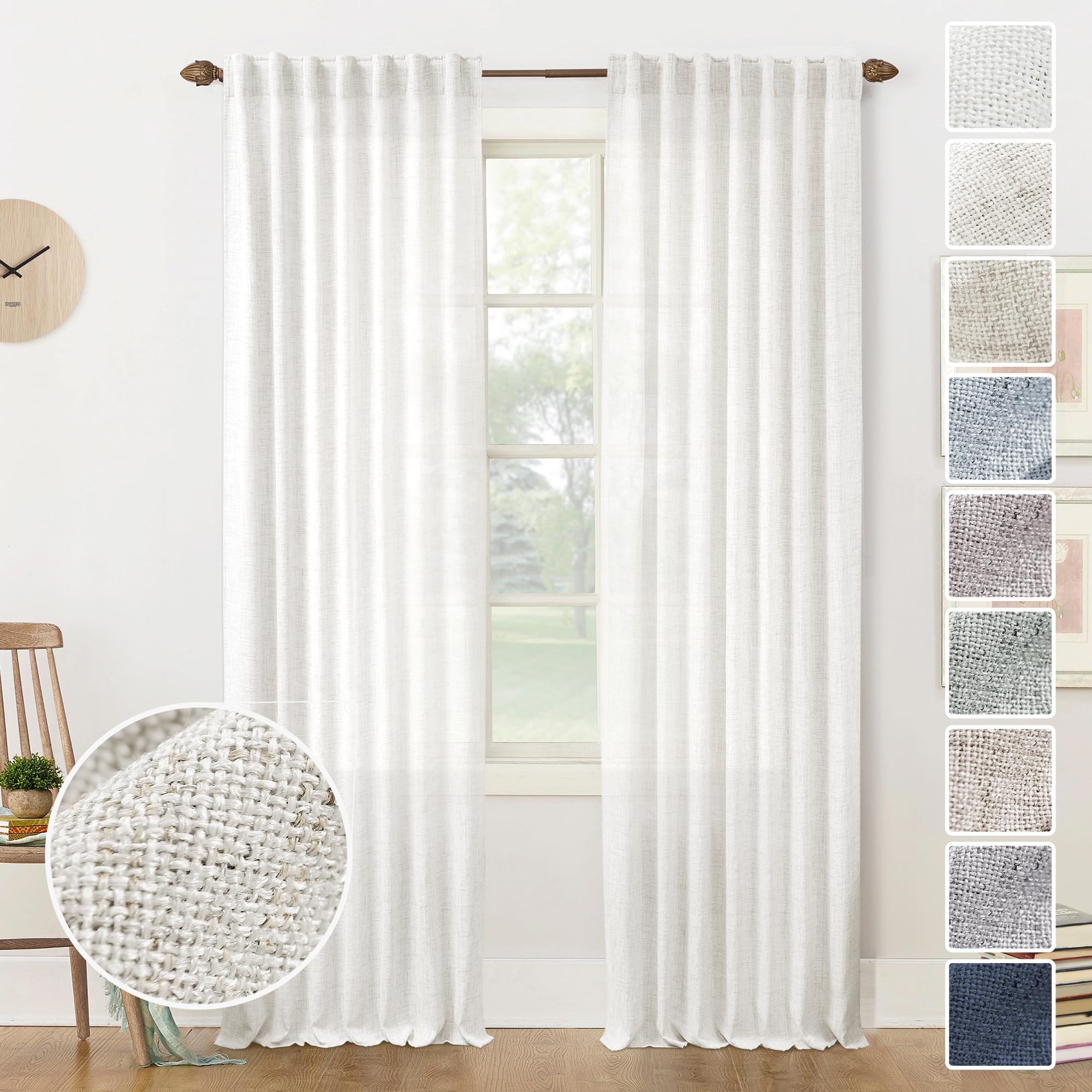 Natural Linen Back Tab Curtains 92 inch Long 2 Panels Set for Living Room Semi Sheer Light Filtering Window Drape Neutral Country Farmhouse Boho Curtains for Bedroom Cream Beige