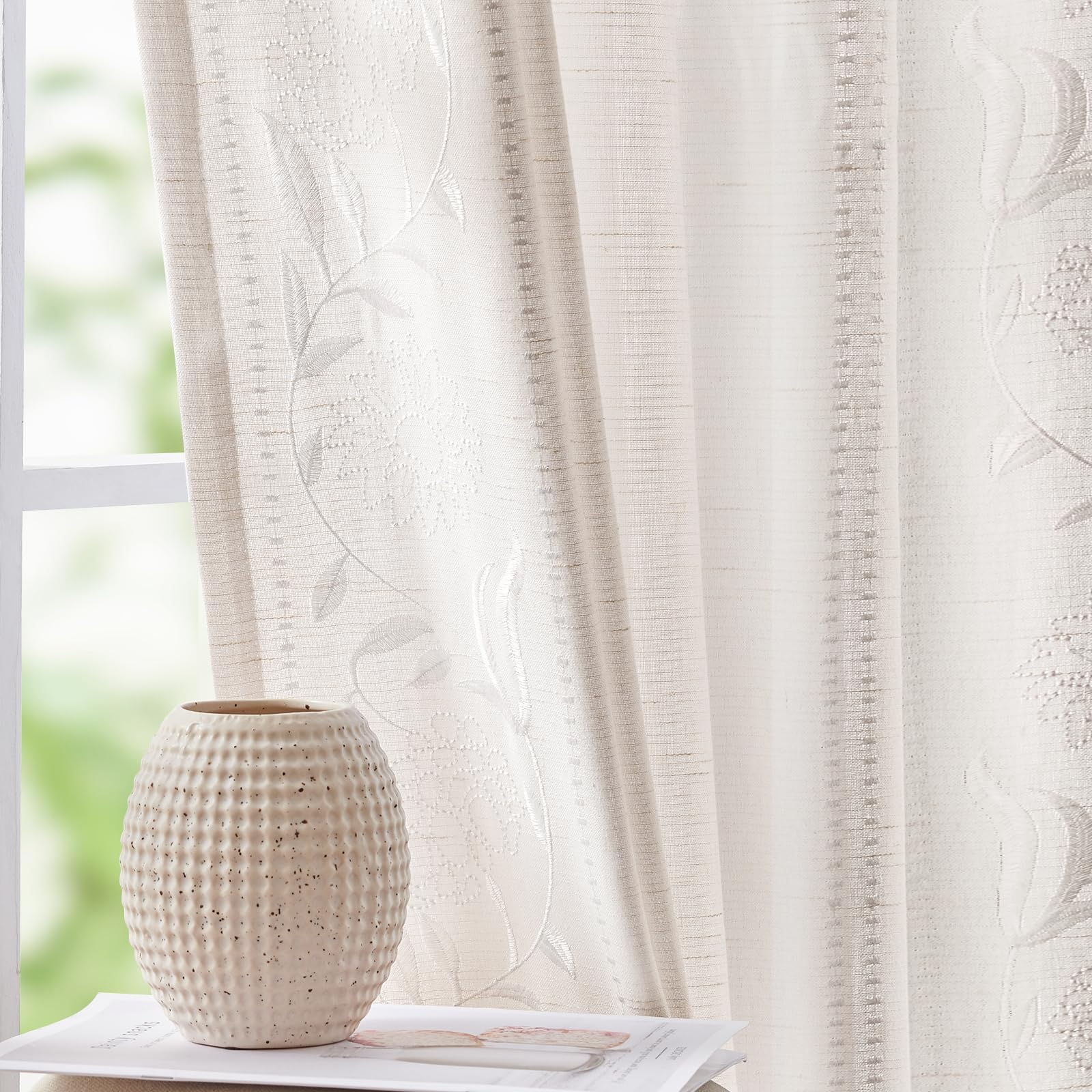 jinchan Winslow Linen Curtains for Bedroom 84 Inches Length Ivory on Taupe Embroidered Bordered Floral Curtains for Living Room Farmhouse Decor Light Filtering Window Treatments 2 Panels