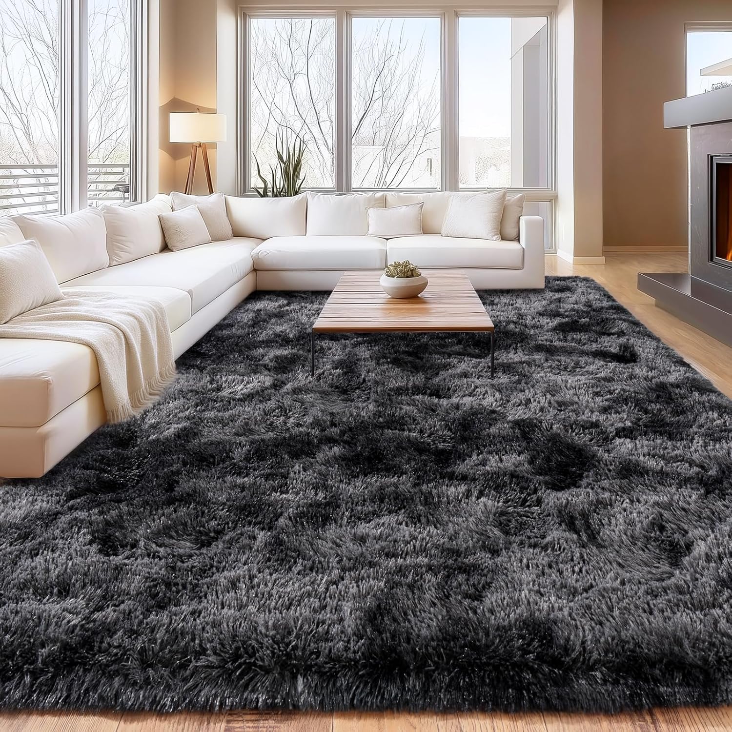 Shaggy Area Rugs, Fuzzy Rugs for Living Room, Soft Nursery Area Rug for Girls, Tie Dye Black Gray Plush Area Rugs Non Slip, Fluffy Rug Carpet 8x10ft