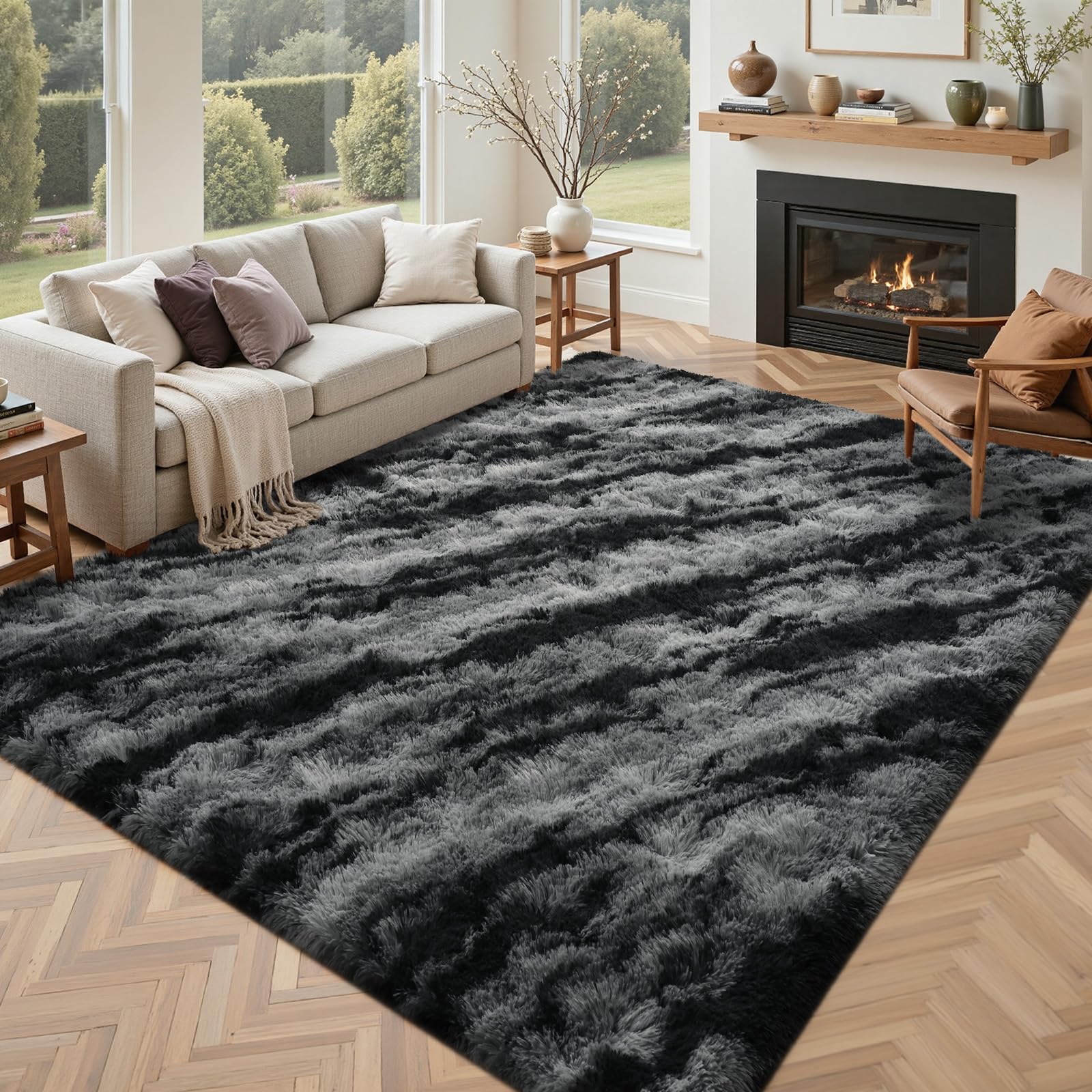 5×7ft Grey Fluffy Tie-Dyed Rug, Soft Shag Carpet for Home Decor