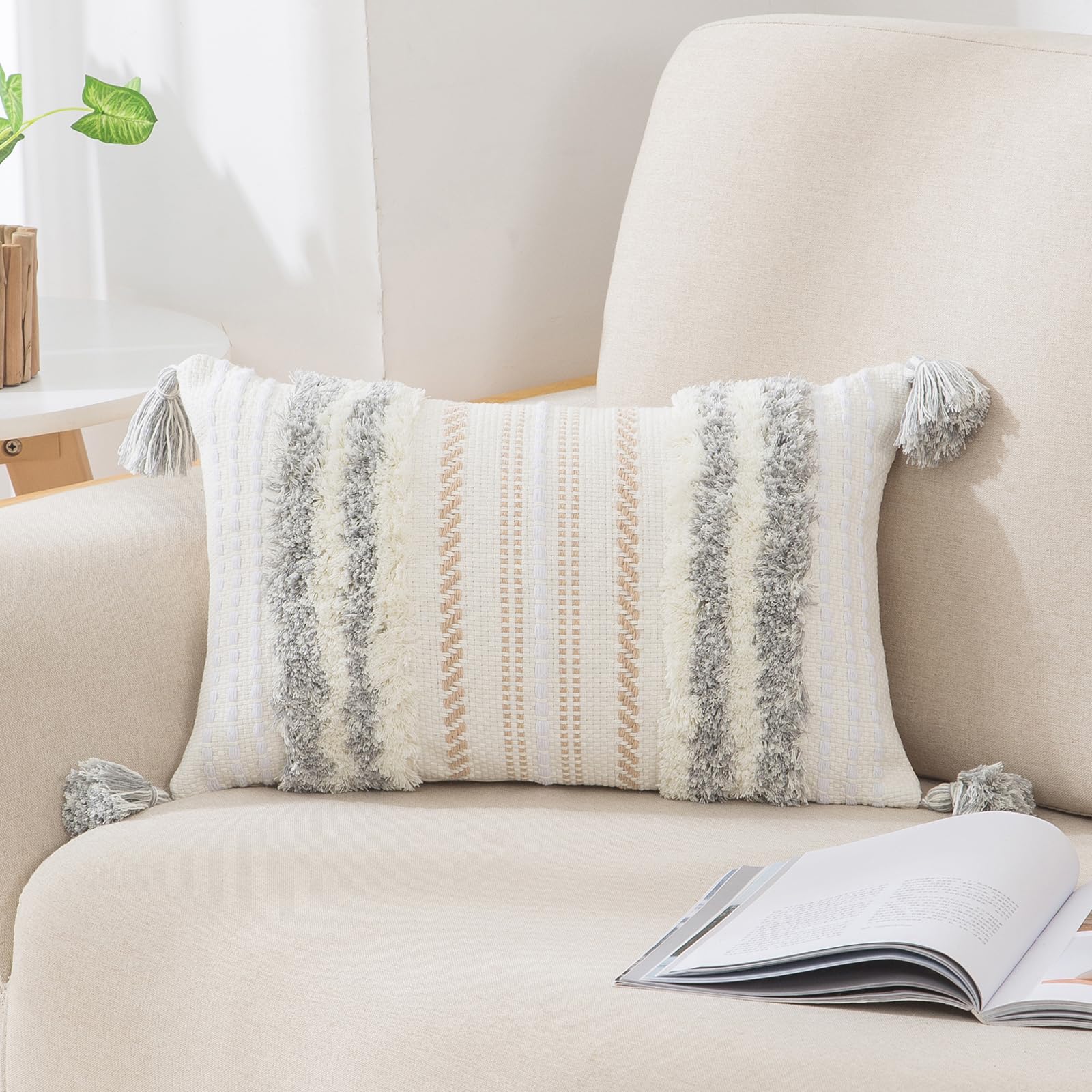decorUhome Summer Decorative Boho Throw Pillow Covers 18x18 Set of 2, Accent Neutral Textured Tufted Pillow Covers Striped for Couch Bed Sofa Living Room, Khaki and Cream White