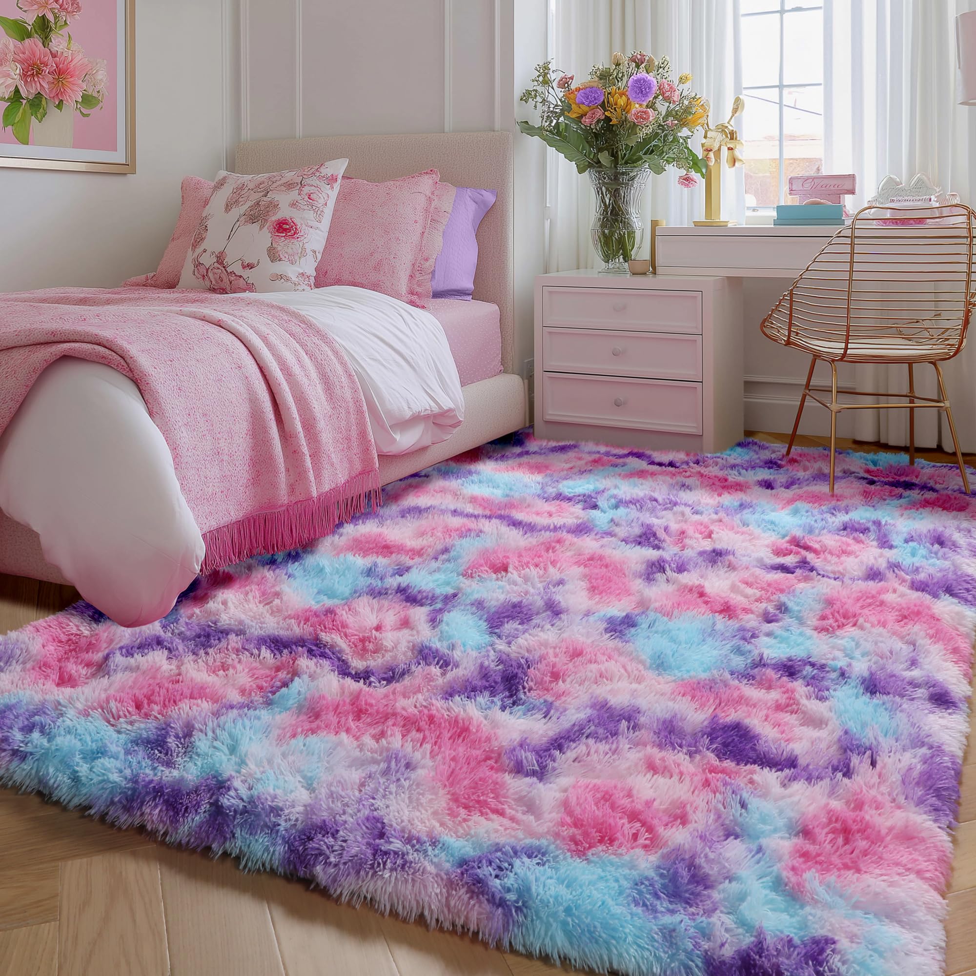 PAGISOFE Abstract Soft Shaggy Rugs for Living Room 5x8 Ft,Tie-Dyed Grey Fluffy Rugs for Kids Room Furry Carpets for Bedroom Room Decor Aesthetic Large Shag Carpet for Boys Girls Dorm Nursery