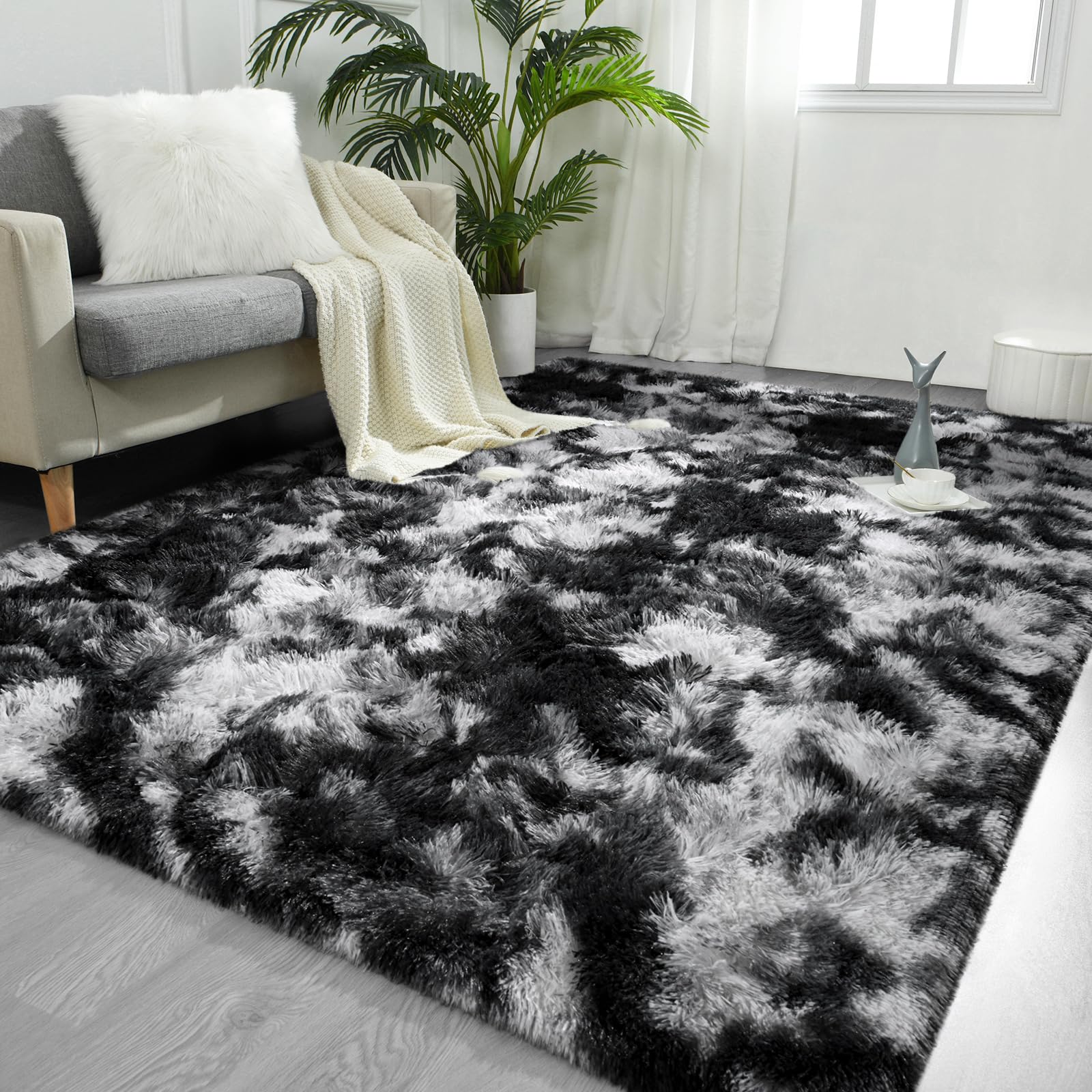 FlyDOIT Large Area Rugs for Living Room, 5x8 Feet Tie-Dyed Light Grey Shaggy Rug Fluffy Throw Carpets, Ultra Soft Plush Modern Indoor Fuzzy Rugs for Bedroom Girls Kids Nursery Room Dorm Home Decor