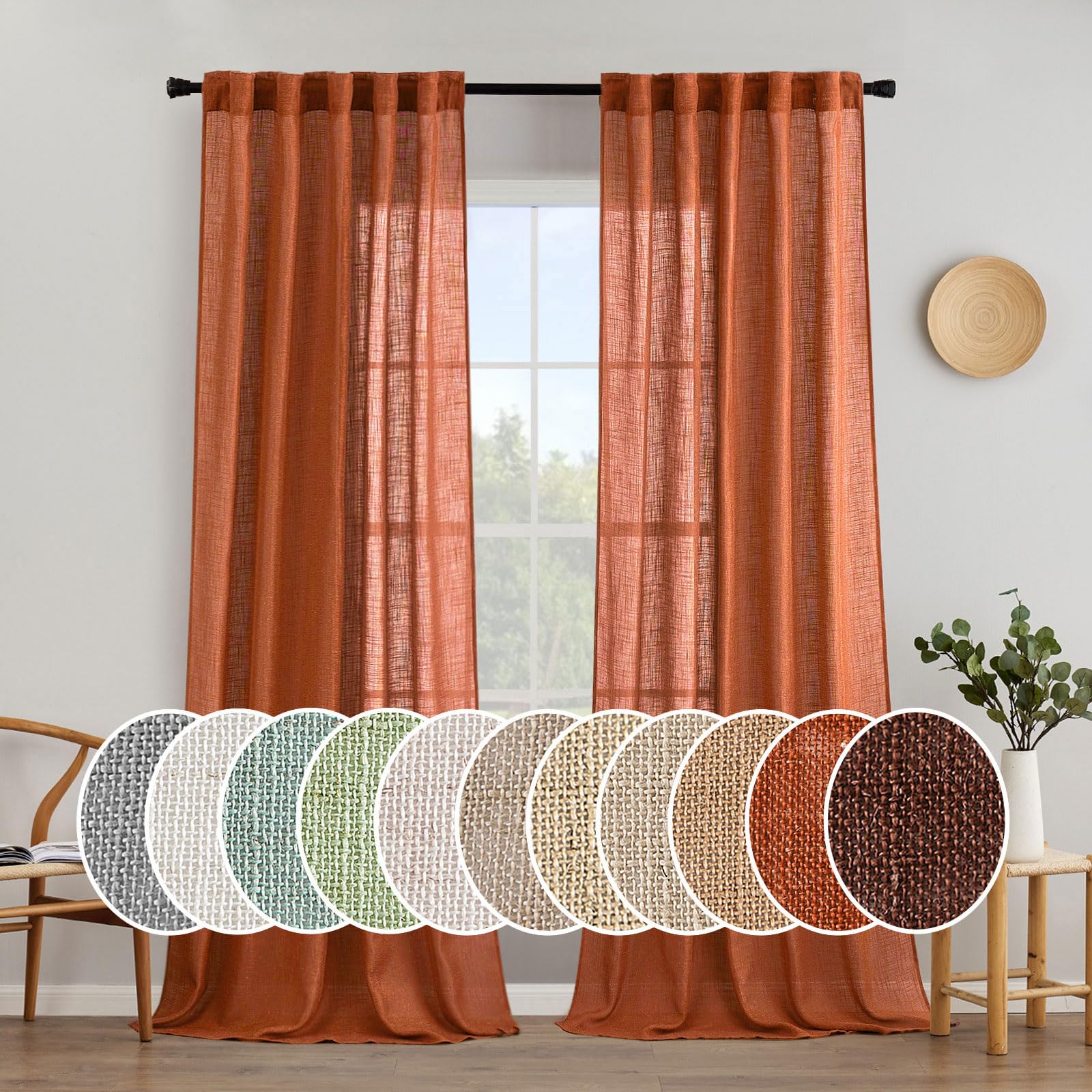 MIULEE Taupe Linen Curtains 84 Inch Length for Bedroom Living Room, Soft Thick Linen Textured Window Drapes Semi Sheer Light Filtering Back Tab Rod Pocket Burlap Look Farmhouse Country Decor, 2 Panels