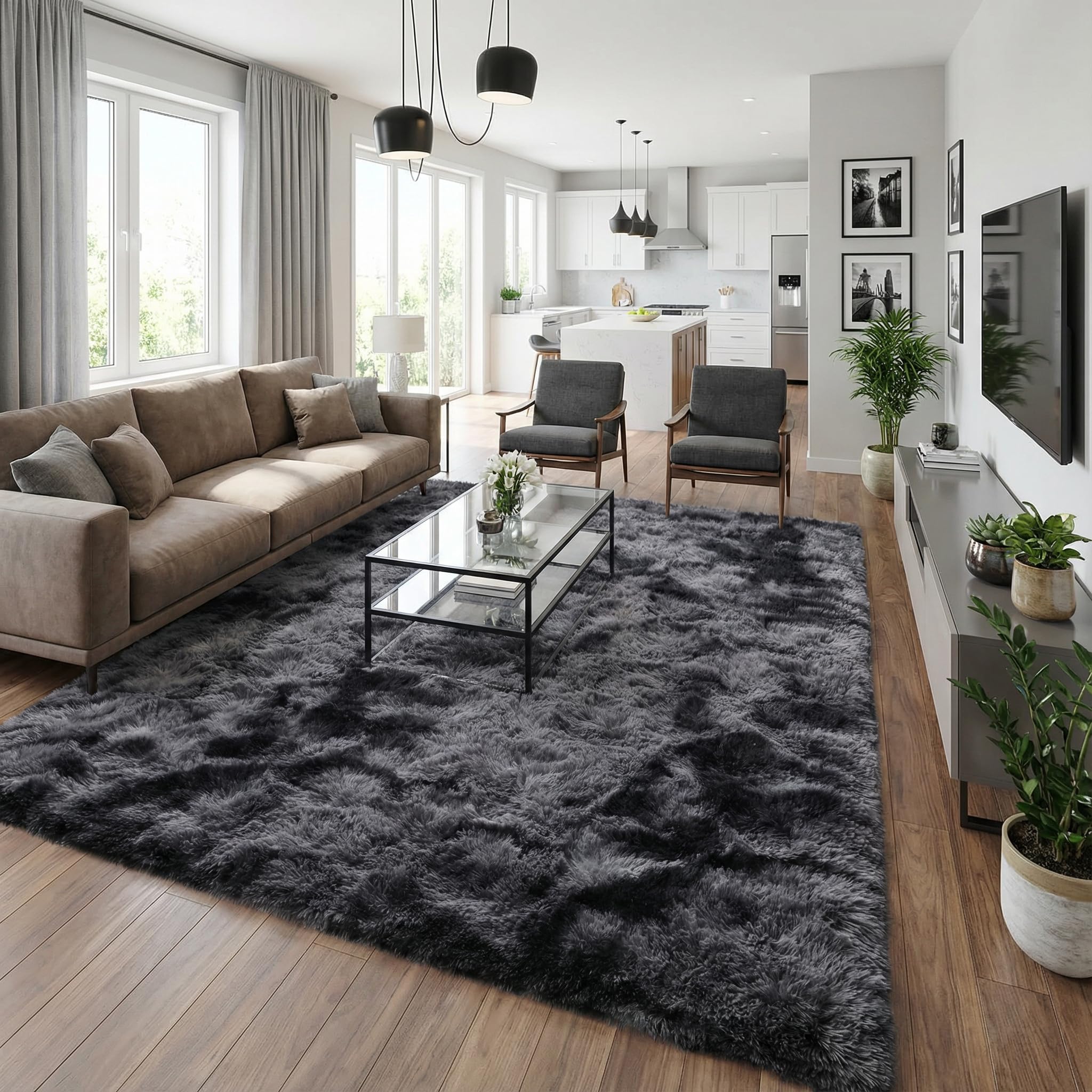 Fluffy 5x7 Area Rugs for Bedroom: Tie-dye White Grey Soft Shag Rug for Living Room, Large Fuzzy Plush Indoor Floor Carpet Non Slip Modern Rug for Nursery Boys Girls Kids Room Playroom Dorms Home Decor