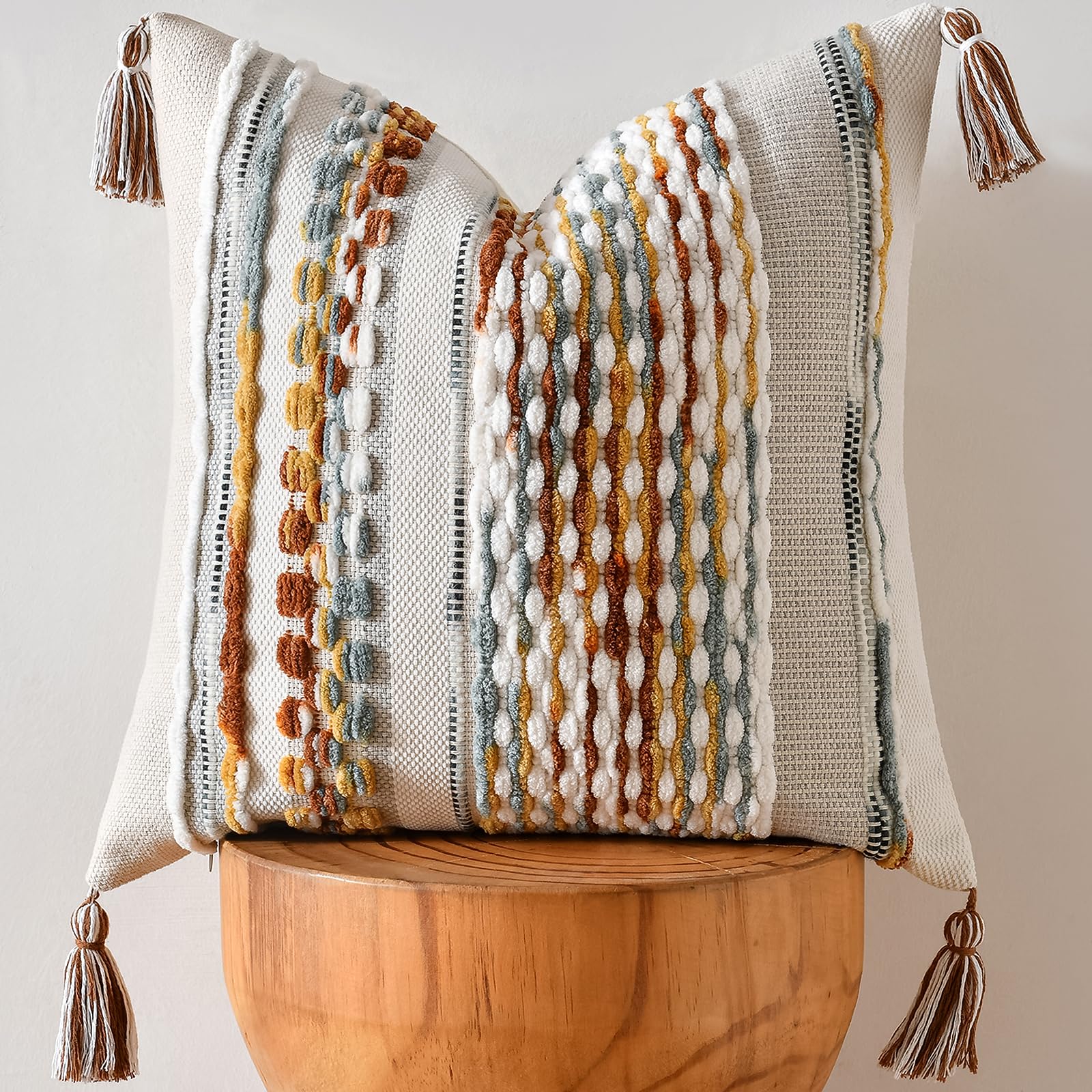 AmHoo Set of 2 Chenille Striped Tufted Textured Boho Throw Pillow Covers Aesthetic with Tassels Woven Decorative Pillow Case for Couch Bed Sofa Bedroom Modern Funky 18 x 18-Inch Brown White