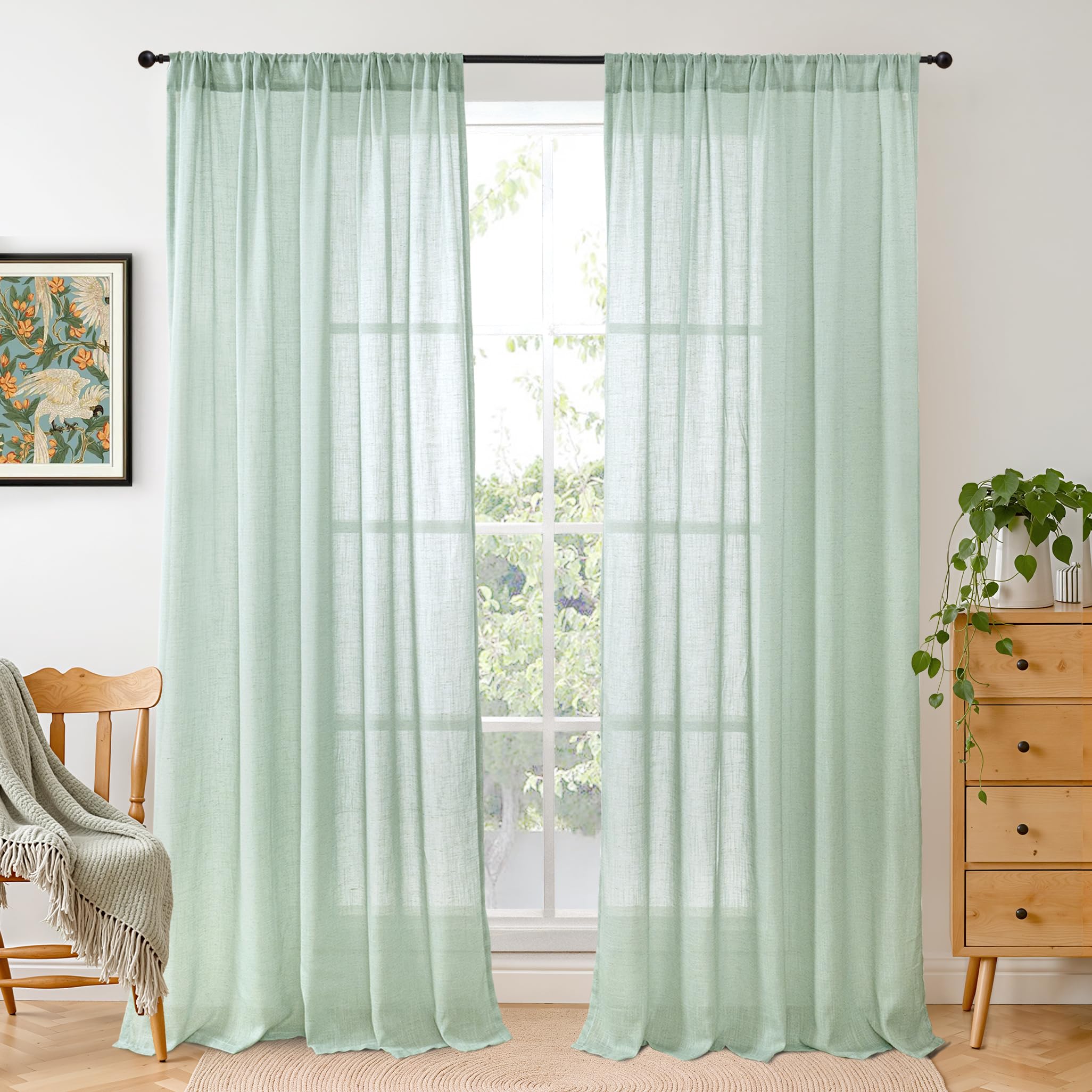 BGment 90 Inches Long Curtains Linen Semi Sheer, Light Filtering Window Treatments Drapes with Rod Pocket Lightweight for Living Room Bedroom, 2 Panels, 52 Inch Wide Each Panel