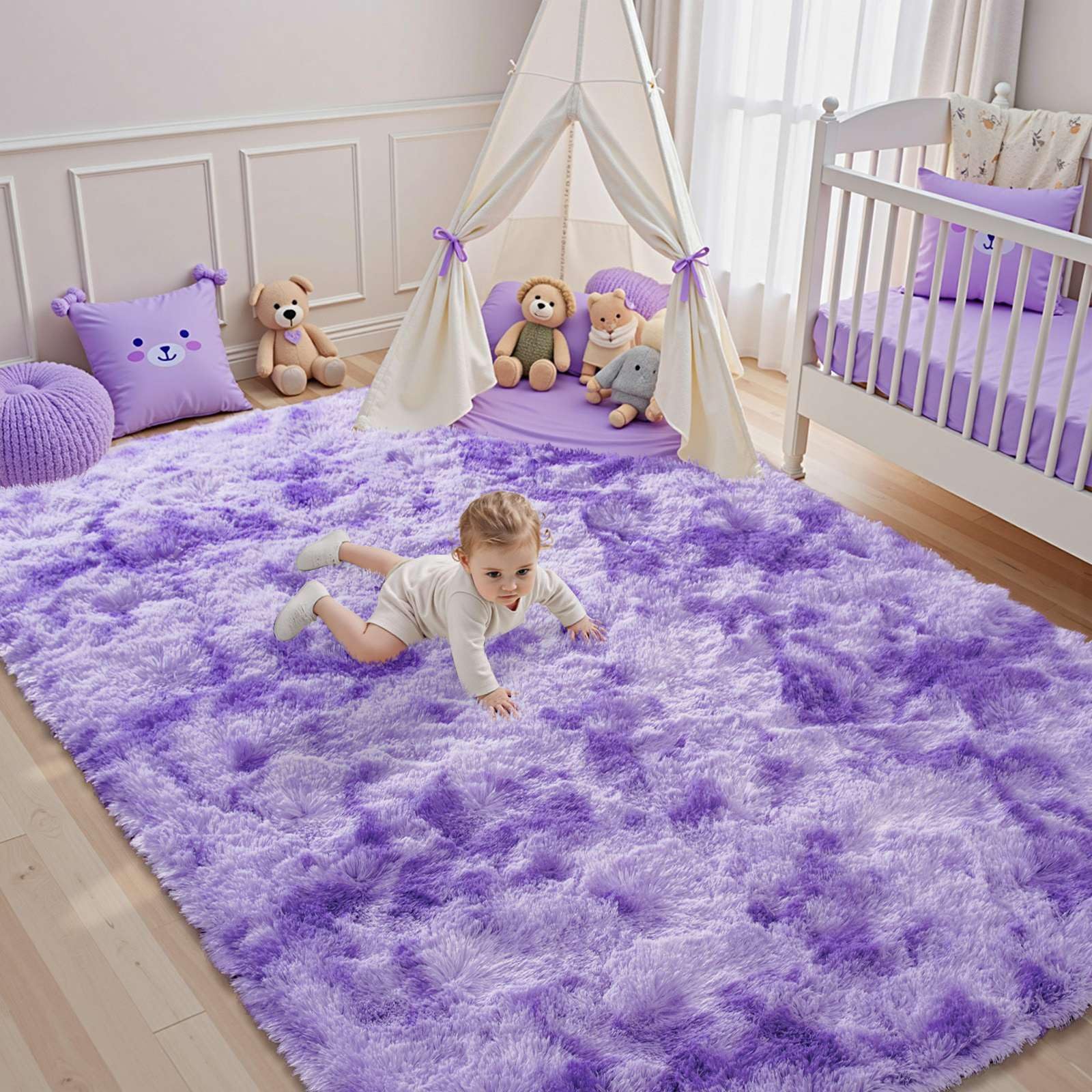 5×7ft Grey Fluffy Tie-Dyed Rug, Soft Shag Carpet for Home Decor