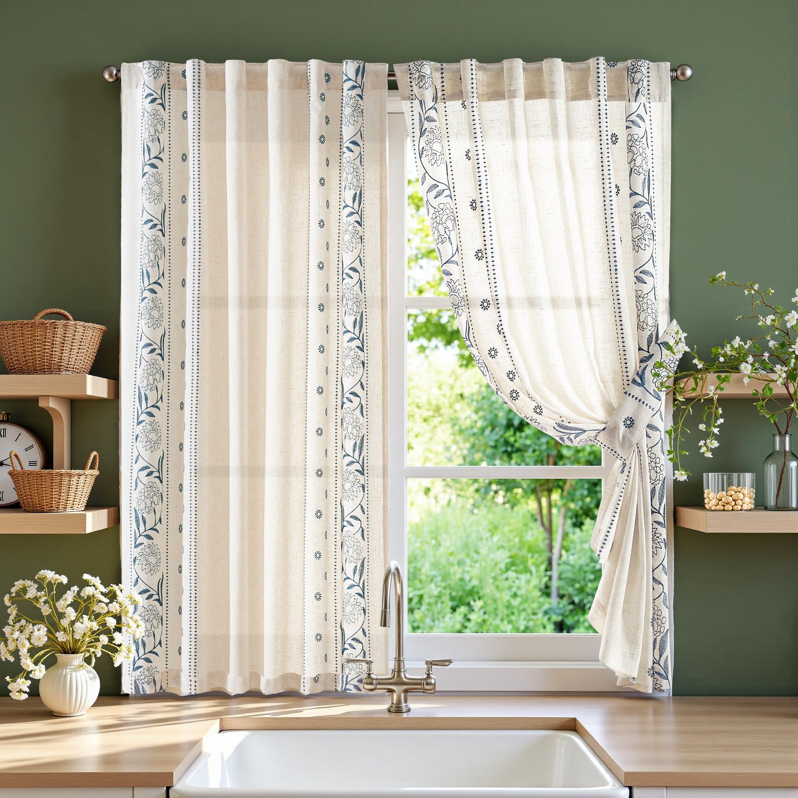 jinchan Winslow Linen Curtains for Bedroom 84 Inches Length Ivory on Taupe Embroidered Bordered Floral Curtains for Living Room Farmhouse Decor Light Filtering Window Treatments 2 Panels